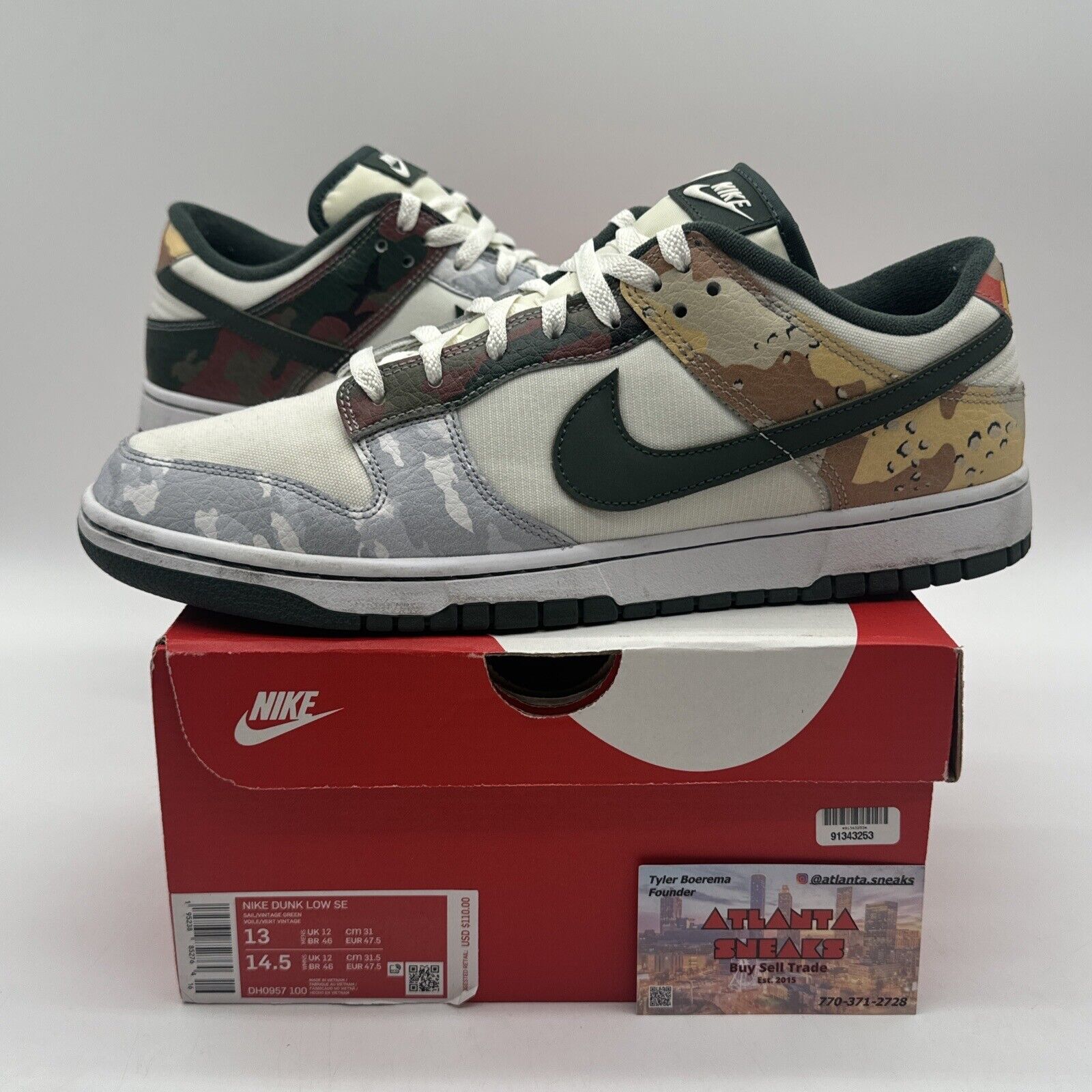 Size 13 - Nike Dunk Low SE Sail Multi-Camo 2021 White Yellow Desert Green Army