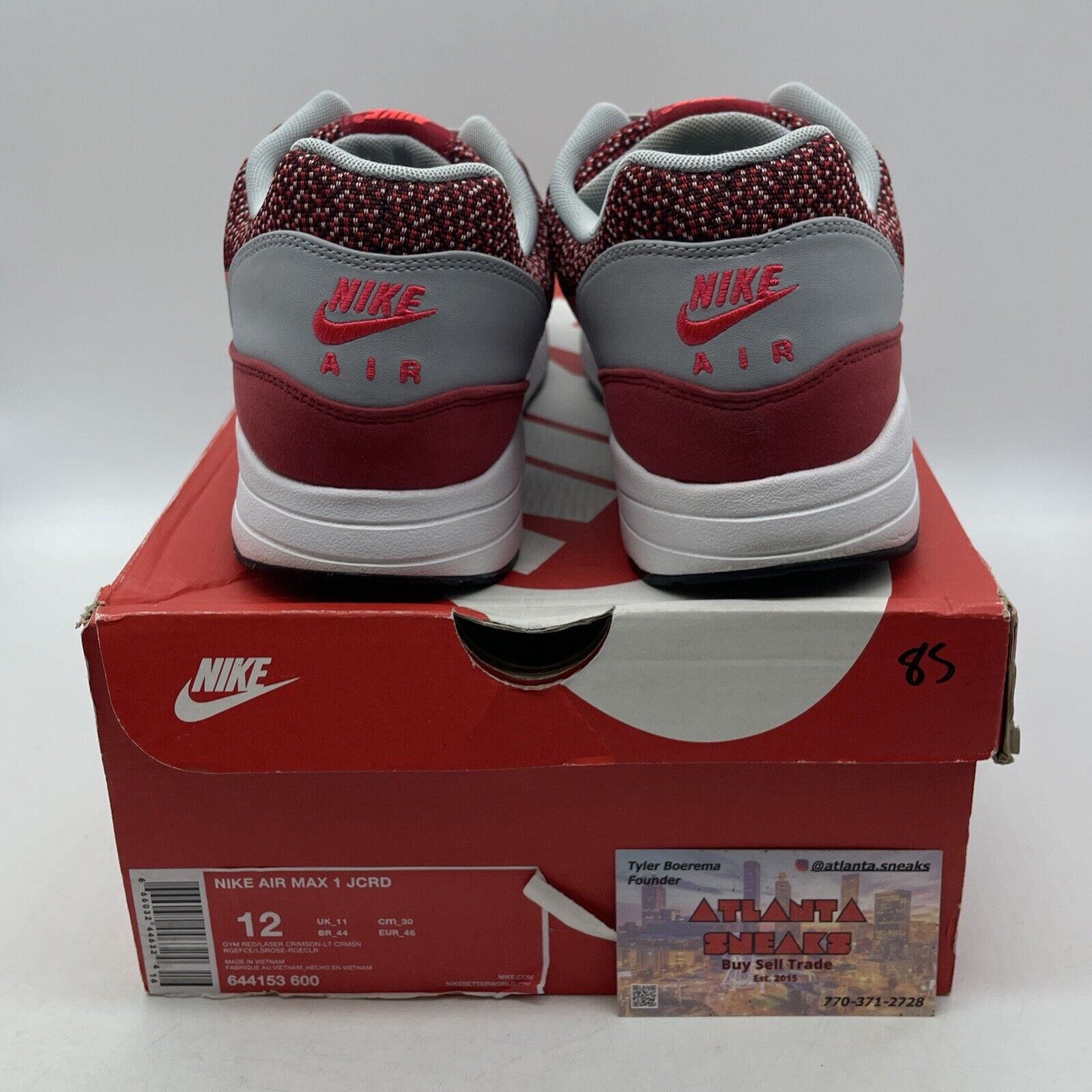 Size 12 - Nike Air Max 1 JCRD Gym Red White Grey Black Suede (644153-600)