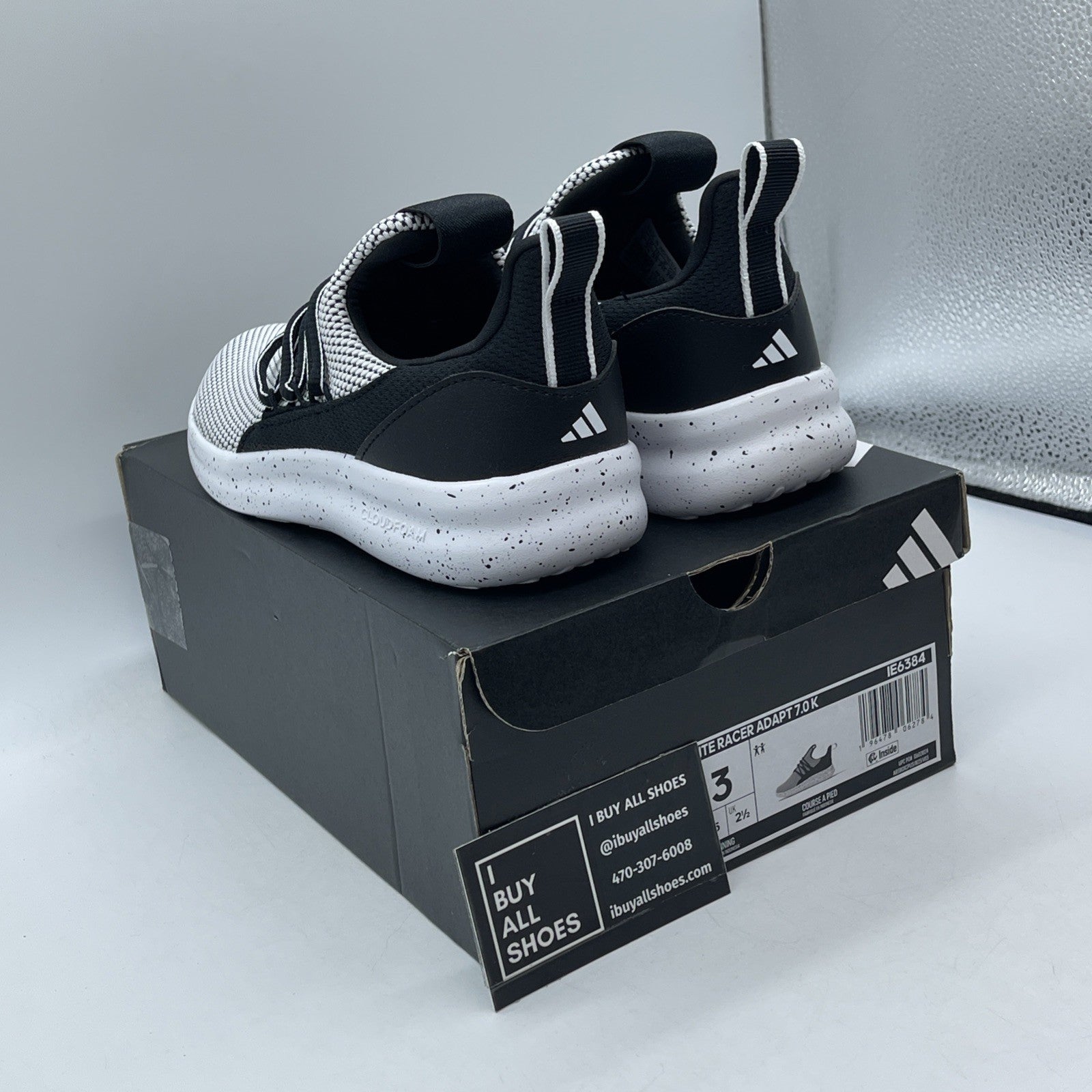 Size 3Y - adidas Lite Racer Adapt 7.0 Cloud White Core Black Leather (IE6384)