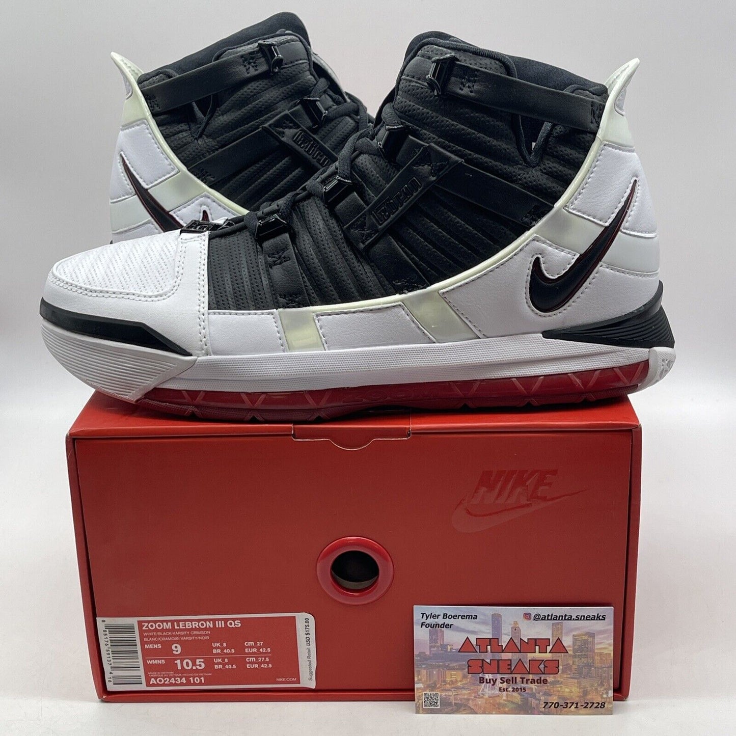 Size 9 - Nike Zoom LeBron 3 Retro QS 2019 Home Black White Red (AO2434-101)