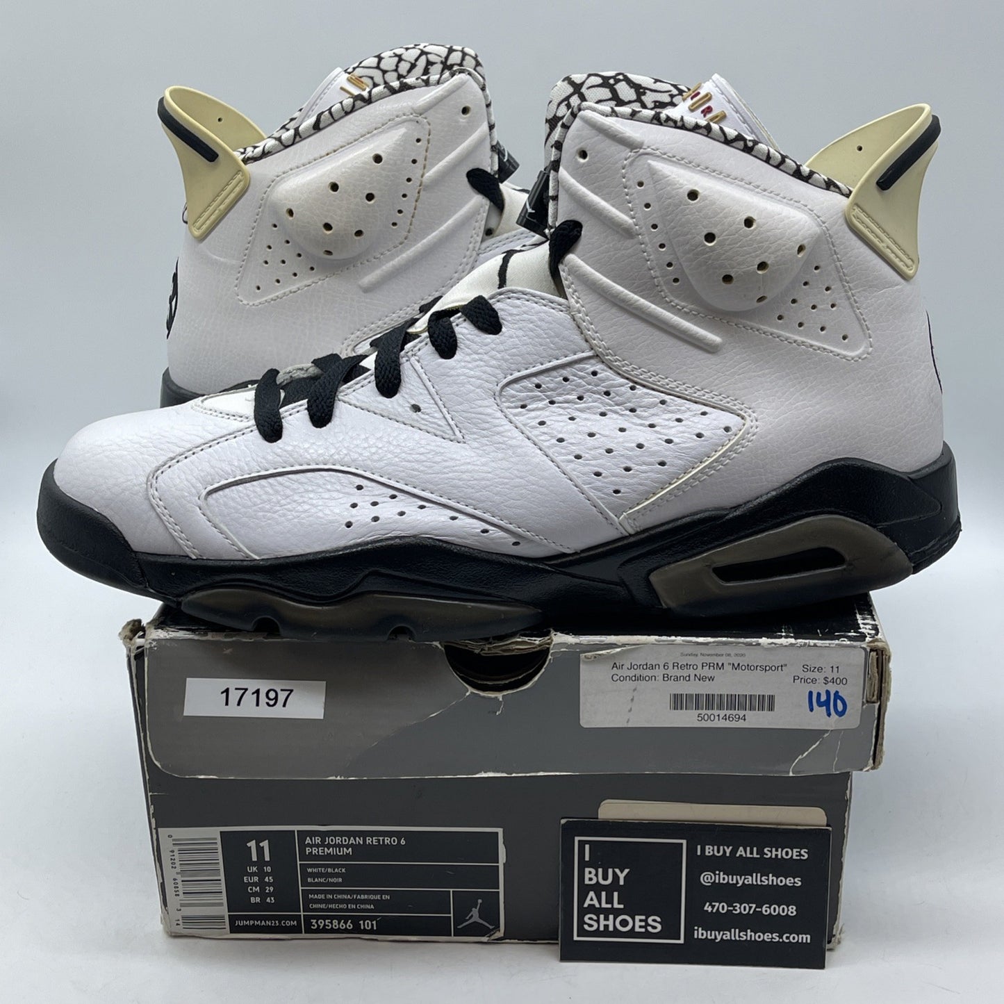 Size 11 - Air Jordan 6 Retro Premium Motorsports White Leather (395866-101)