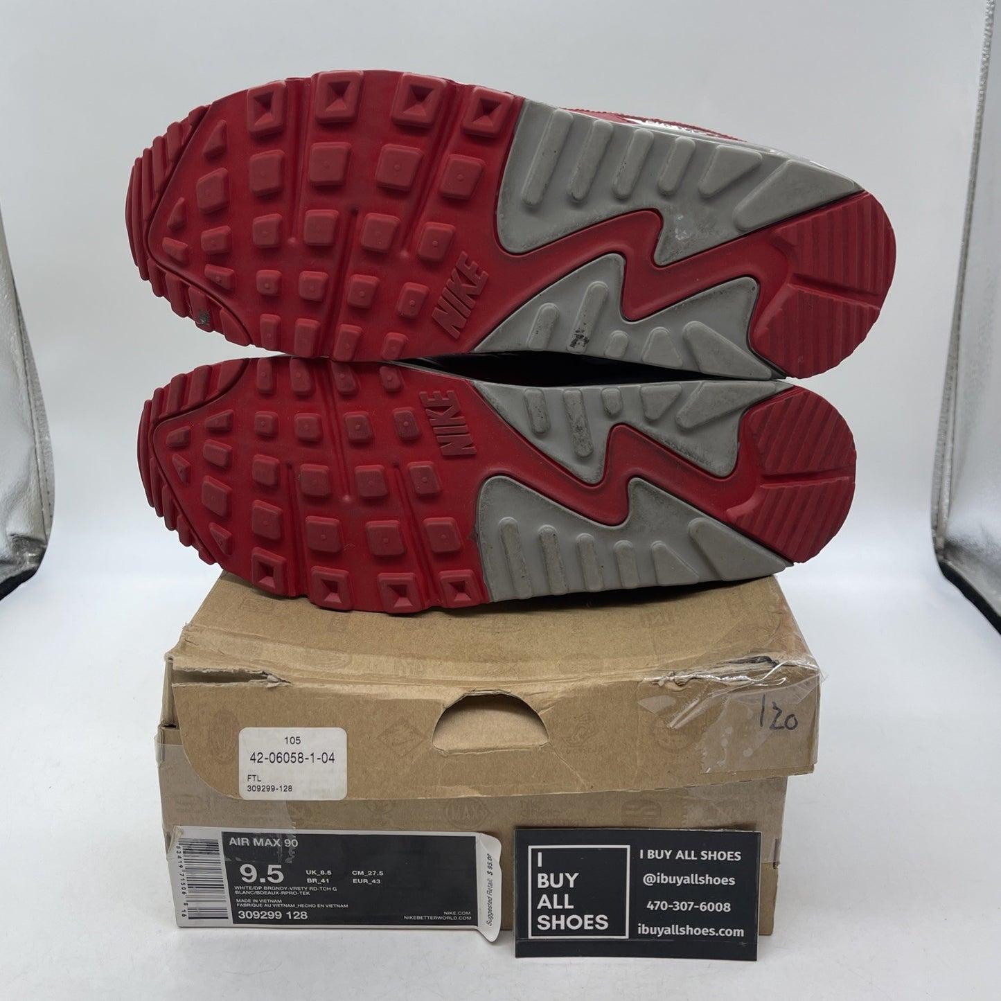 Size 9.5 - Nike Air Max 90 White Grey Red Leather Suede (309299-128)