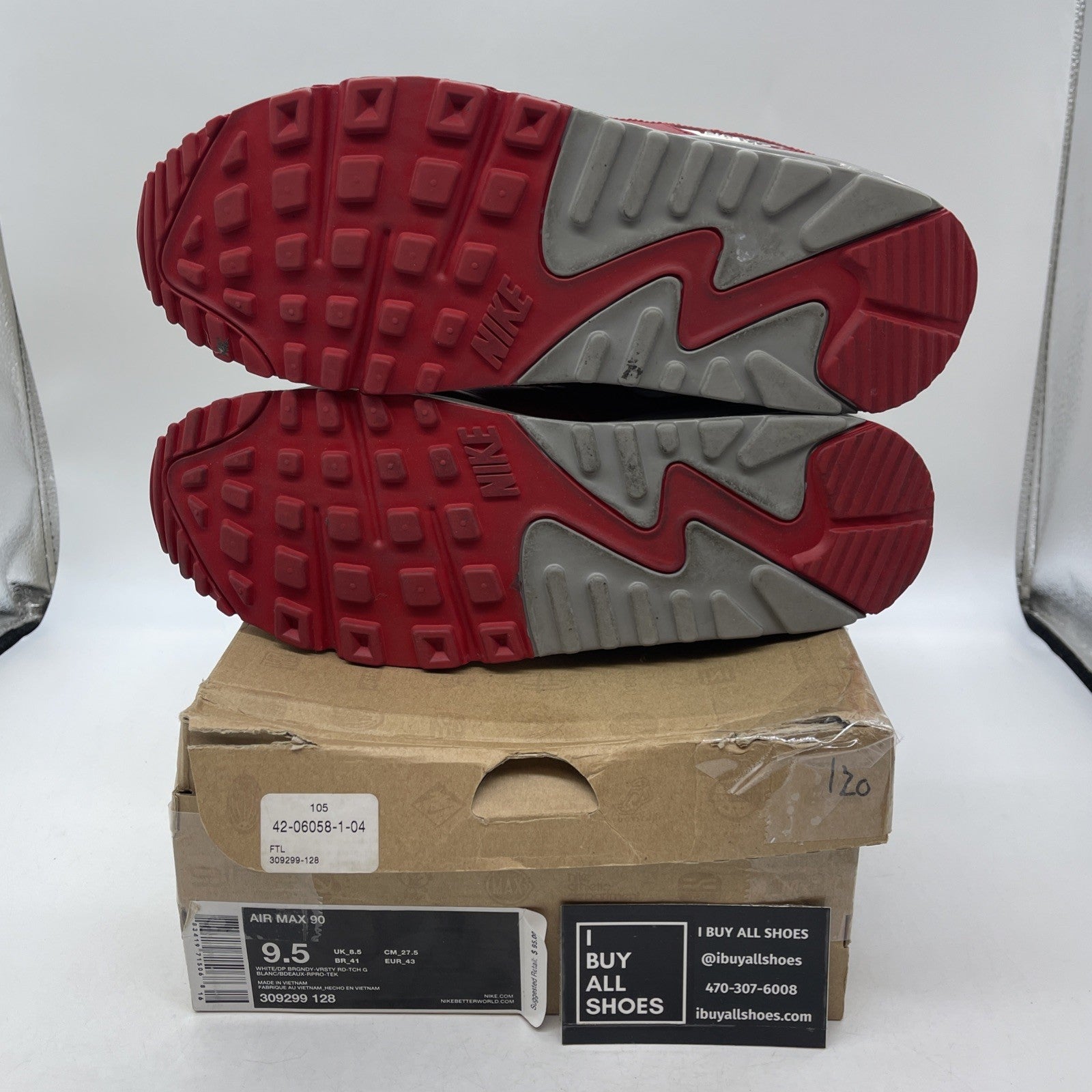 Size 9.5 - Nike Air Max 90 White Grey Red Leather Suede (309299-128)