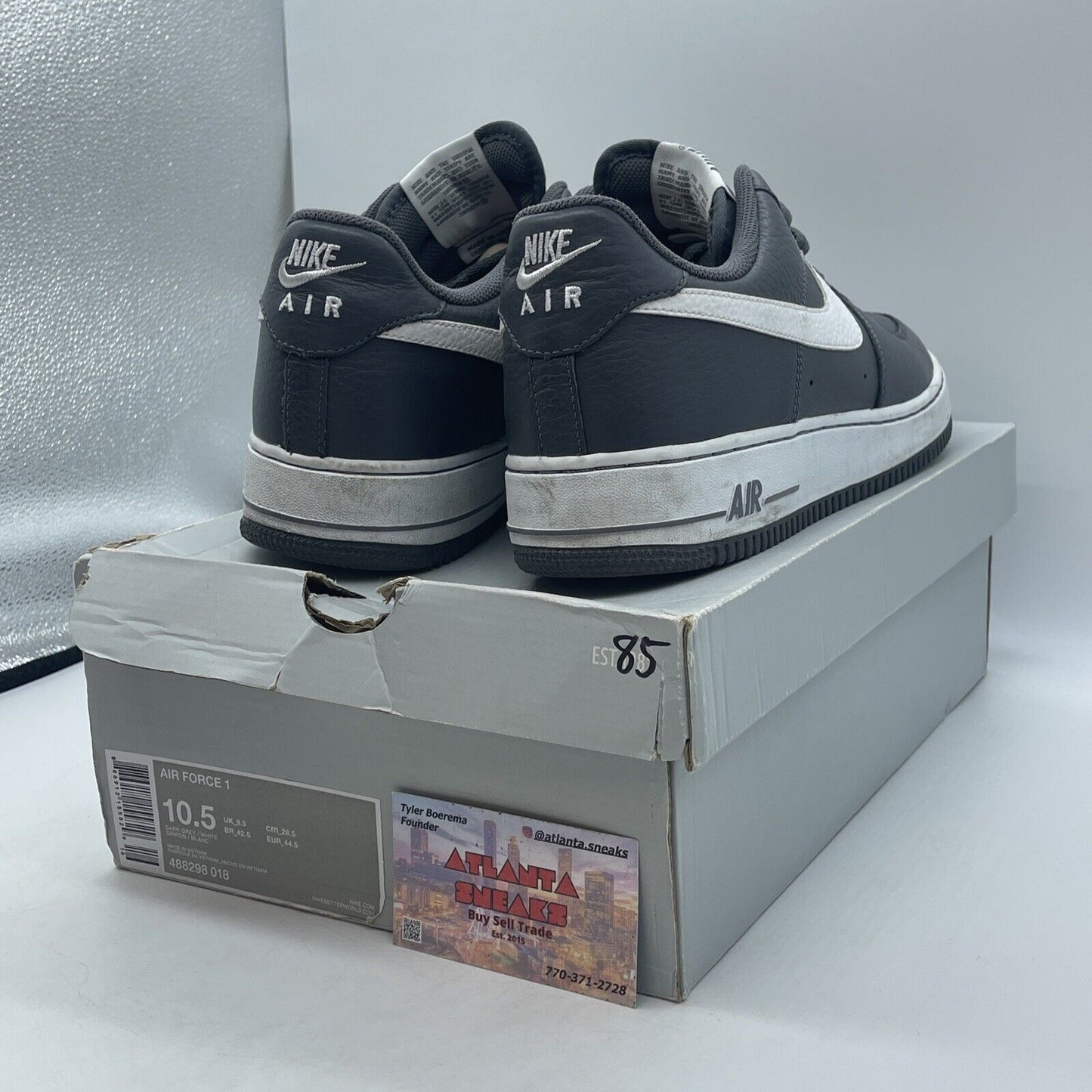 Size 10.5 - Nike Air Force 1 Dark Grey White Leather (488298-018)