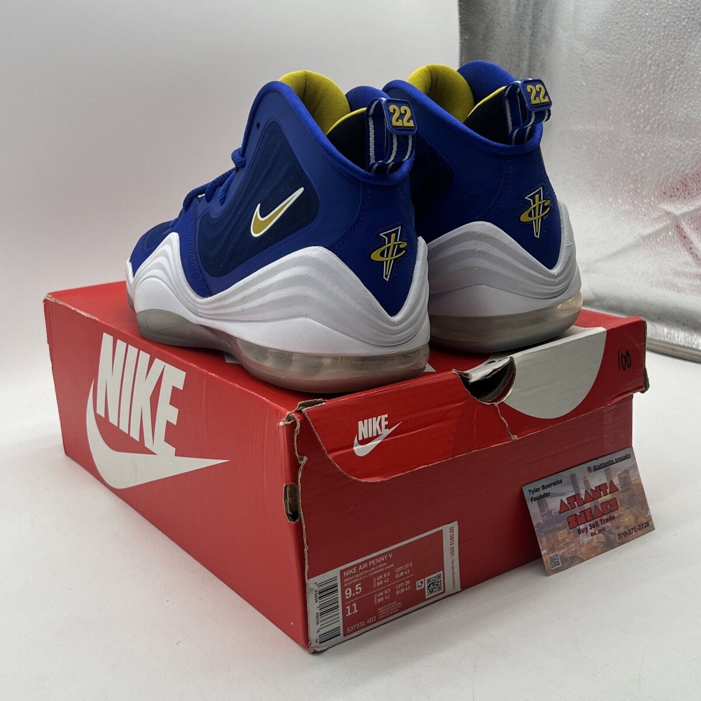 Size 9.5 - Nike Air Penny 5 Blue Chips White Blue Icey Yellow (537331-402)