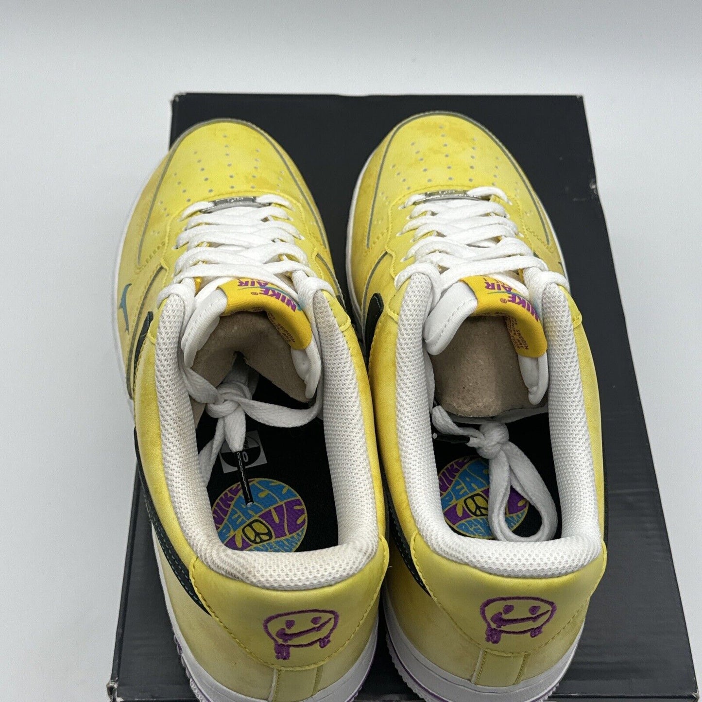 Size 10 - Nike Air Force 1 Peace, Love, and Basketball 2020 Yellow Purple Carton