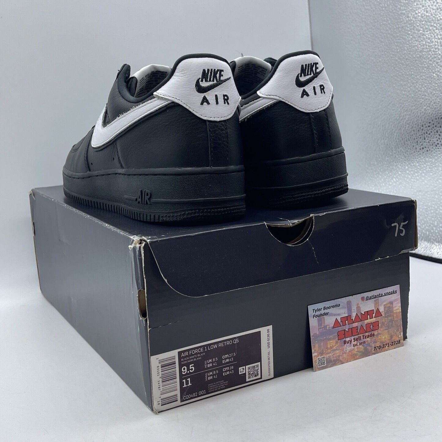 Size 9.5 - Nike Air Force 1 Retro QS Low Black White Leather (CQ0492-001)