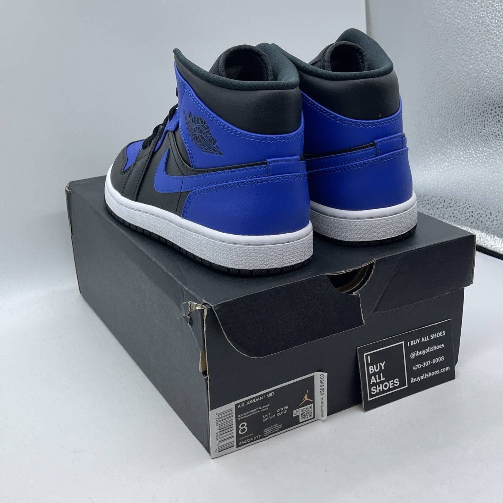 Size 8 - Jordan 1 Mid Hyper Royal Black Blue Leather (554724-077)