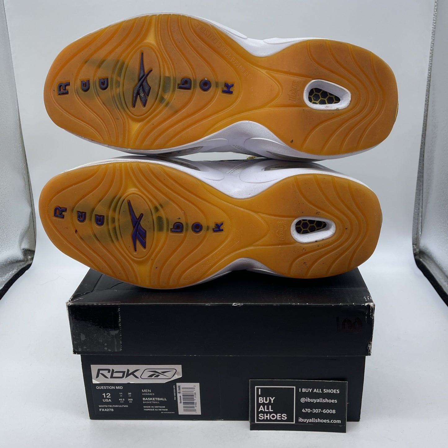Size 12 - Reebok Question Mid Yellow Toe Purple White Suede Leather (FX4278)