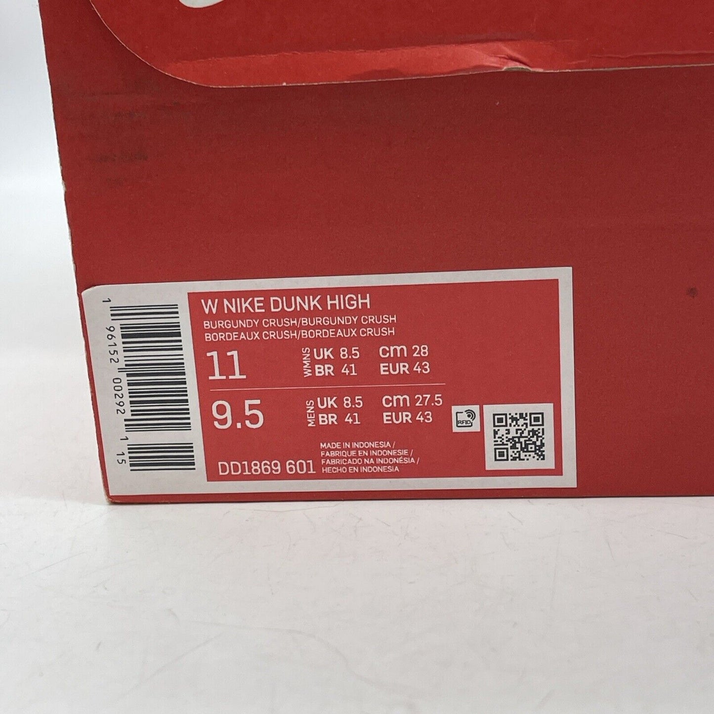 Size 11W - Nike Dunk High Burgundy Crush Burgundy White Leather (DD1869-601)