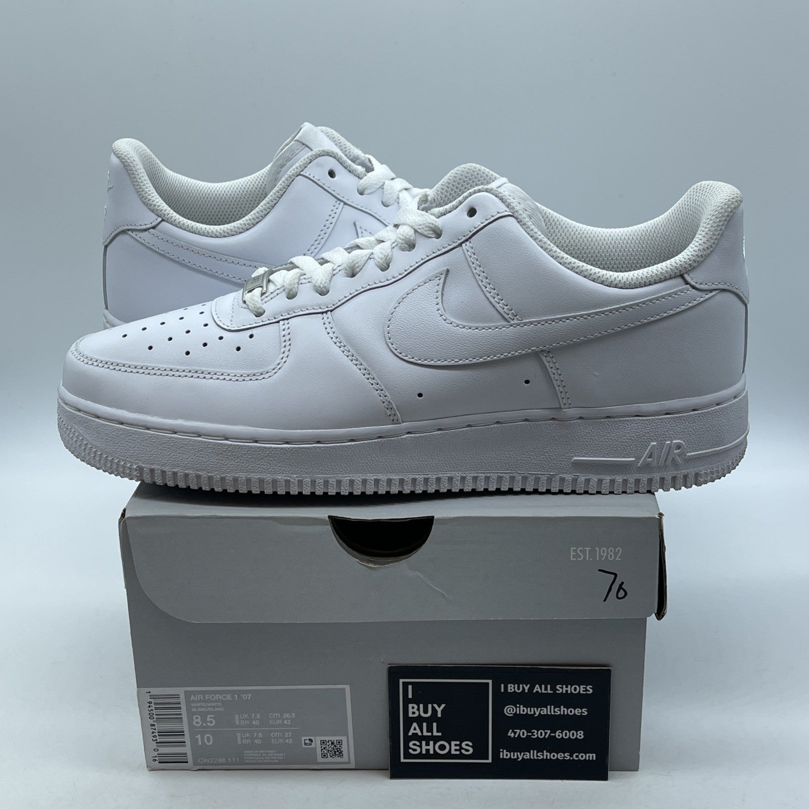 Size 8.5 - Nike Air Force 1 '07 Low Triple White Leather (CW2288-111)