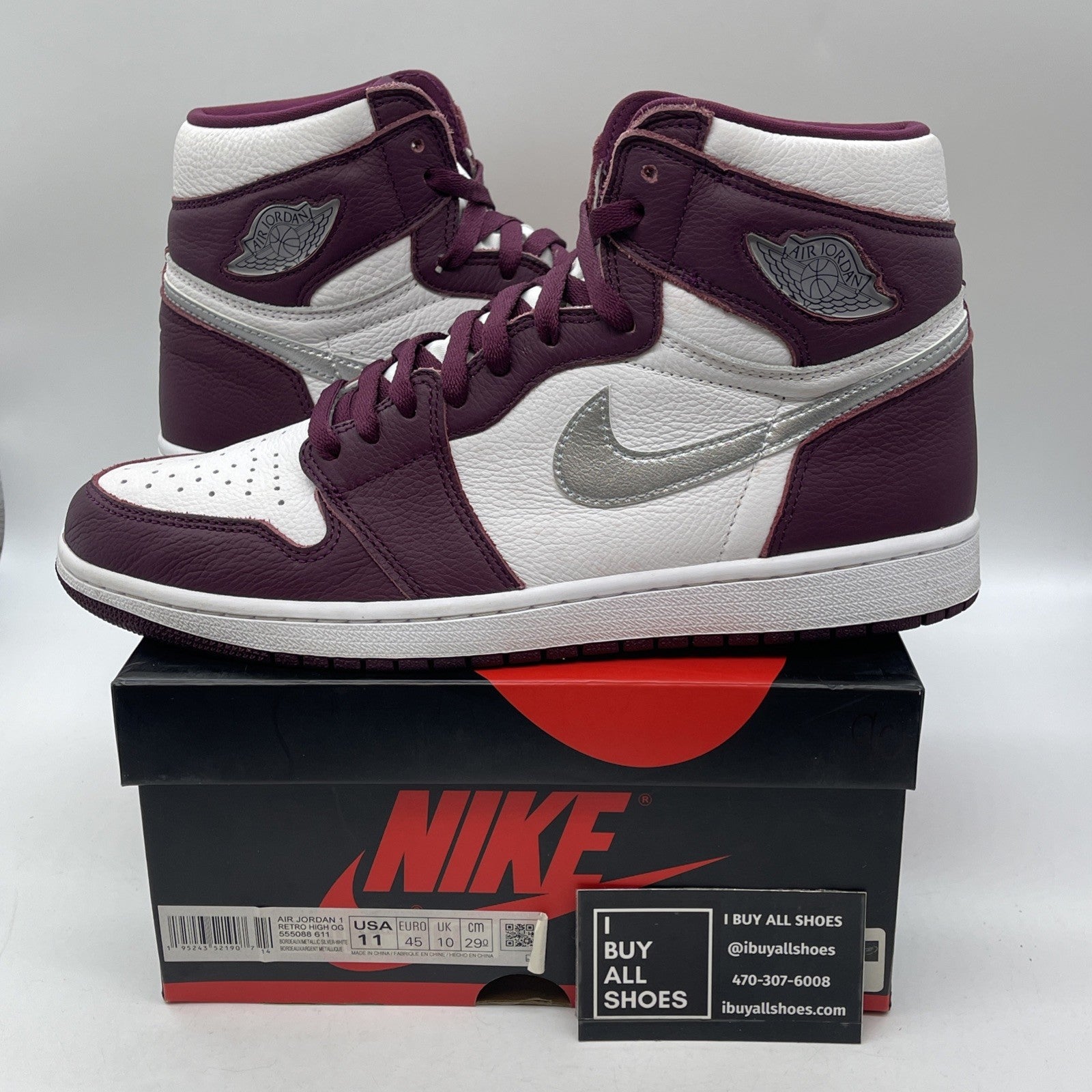 Size 11 - Jordan 1 Retro High OG Bordeaux White Silver Leather (555088-611)