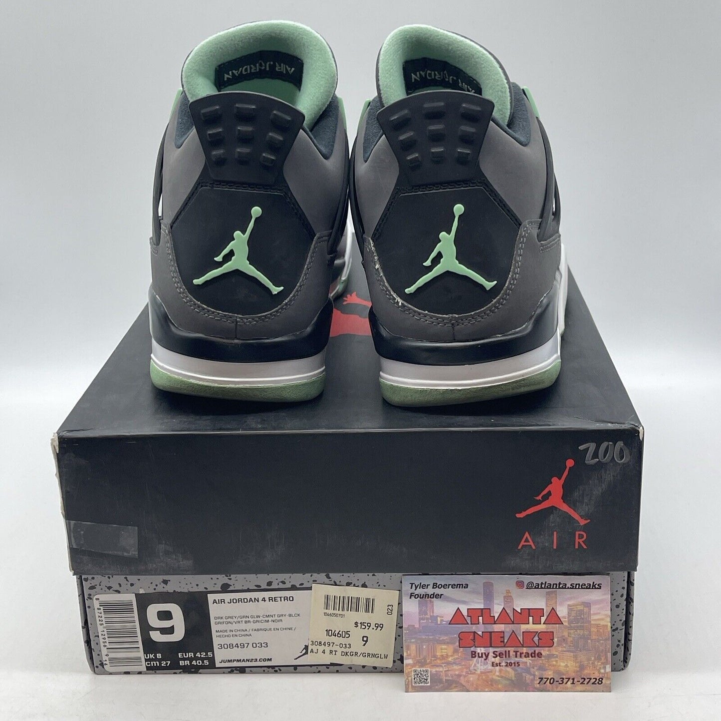 Size 9 - Jordan 4 Retro Green Glow 2013 Grey Black White Suede (308497-033)