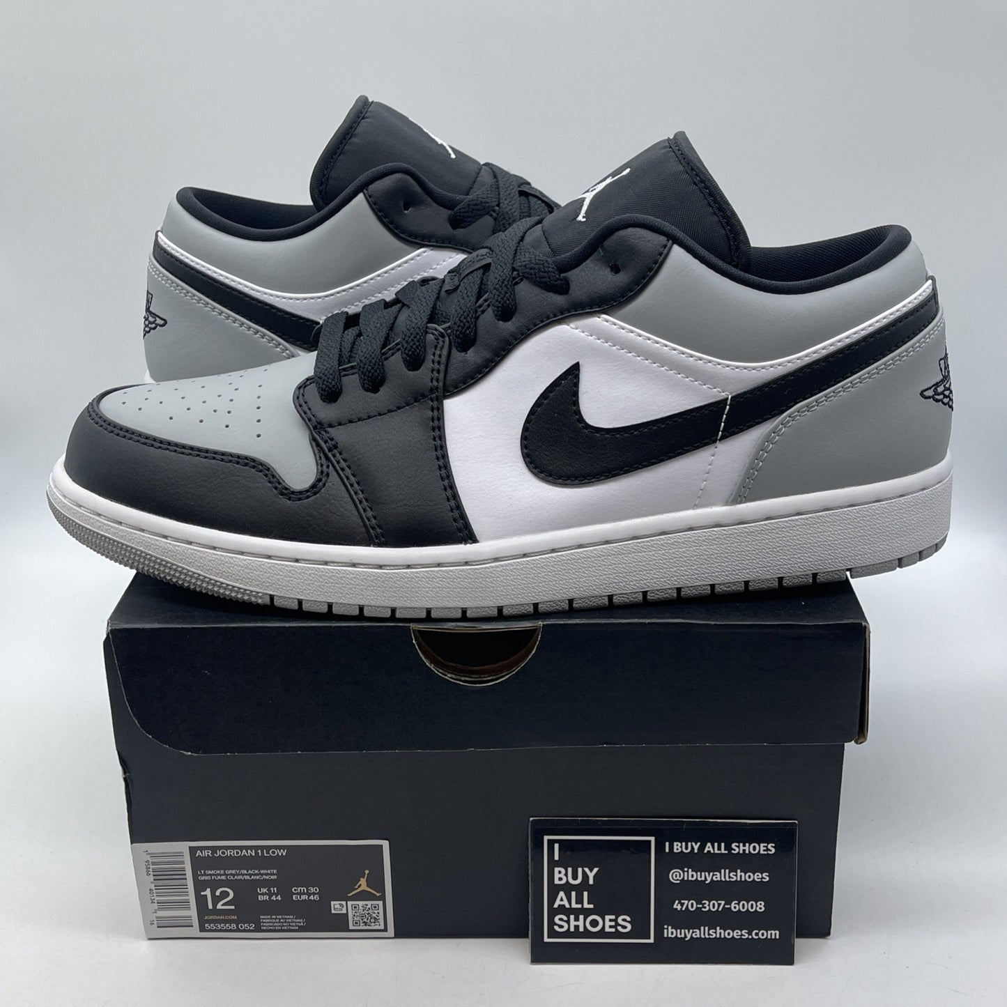 Size 12 - Jordan 1 Low Shadow Toe Grey Black White Leather (553558-052)