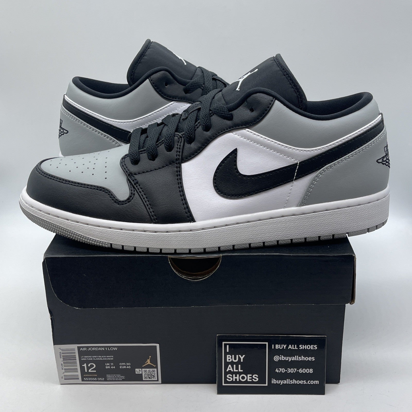 Size 12 - Jordan 1 Low Shadow Toe Grey Black White Leather (553558-052)