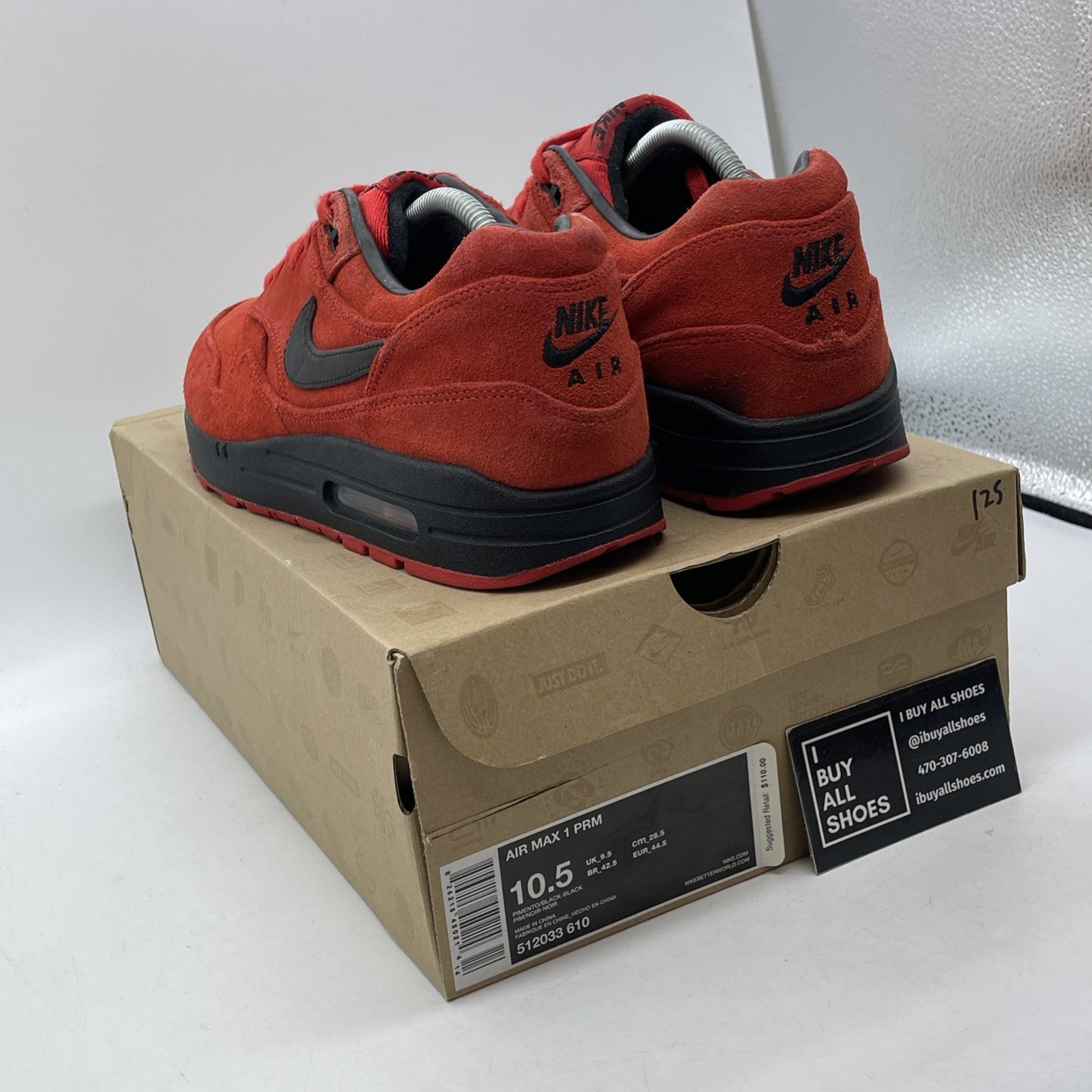 Size 10.5 - Nike Air Max 1 Prm Pimento Black Red Suede (512033-610)