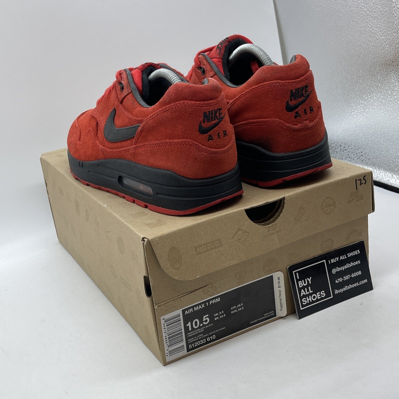 Size 10.5 - Nike Air Max 1 Prm Pimento Black Red Suede (512033-610)