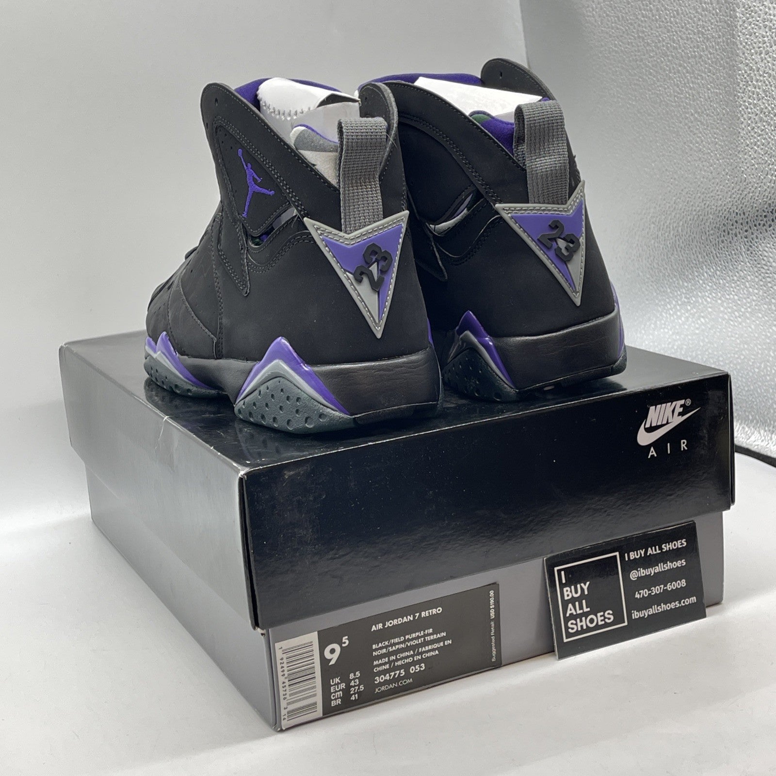 Size 9.5 - Air Jordan 7 Retro PE Ray Allen Black Purple Green Suede (304775-053)