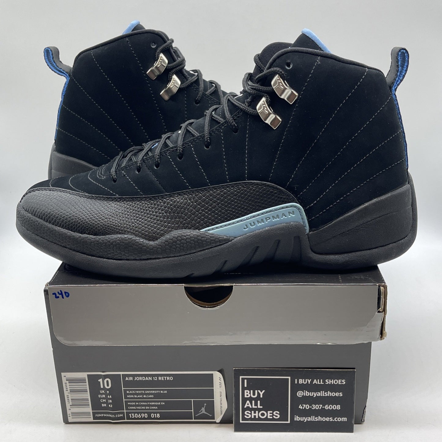 Size 10 - Air Jordan 12 Retro 2009 Nubuck Black Blue Suede (130690-018)