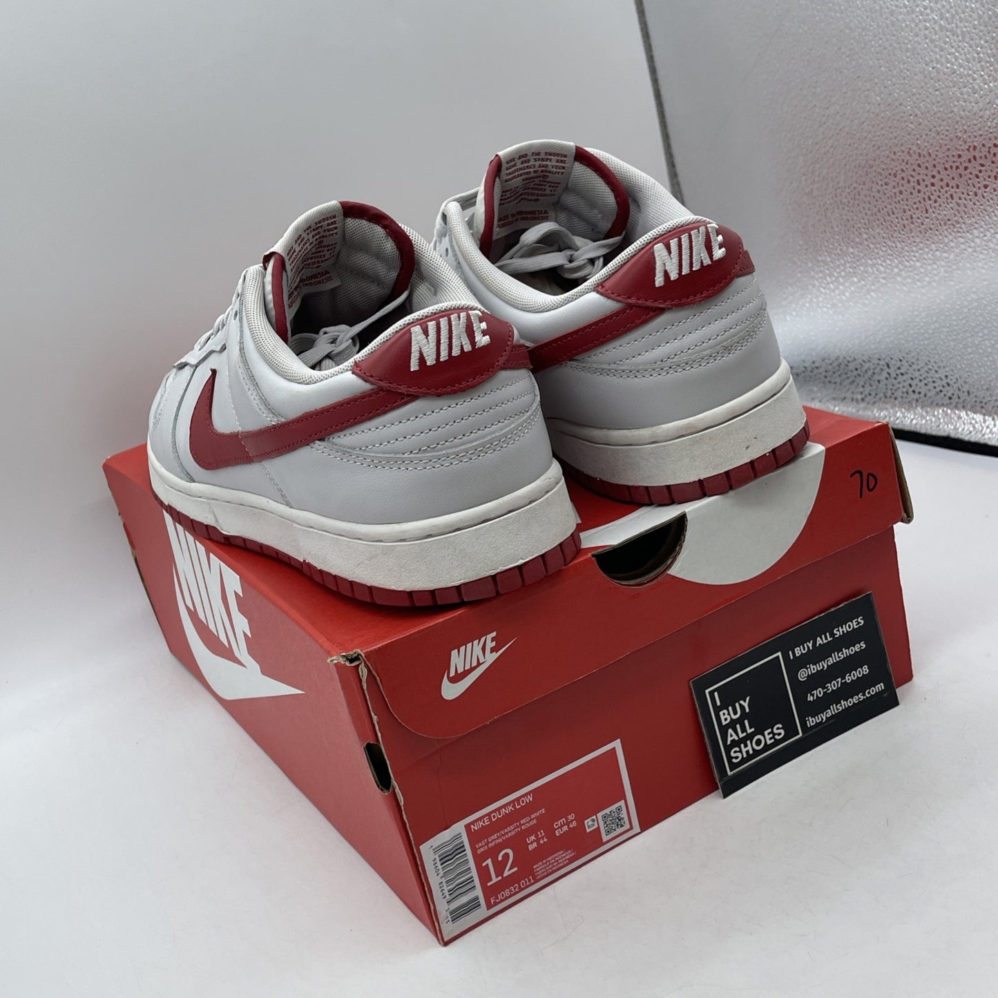 Size 12 - Dunk Low Vast Grey Varsity Red White Leather (FJ0832-011)