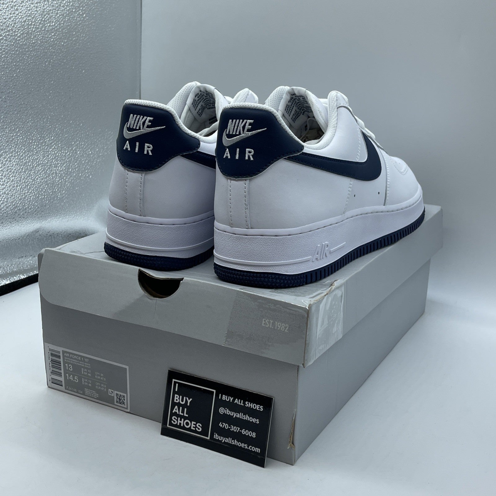 Size 13 -Nike Air Force 1 '07 Low White Midnight Navy Leather (FJ4146-104)