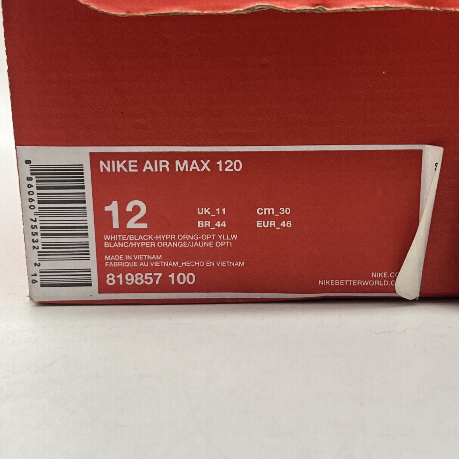 Size 12 - Nike Air Max 120 Hyper Orange White Black Yellow (819857-100)
