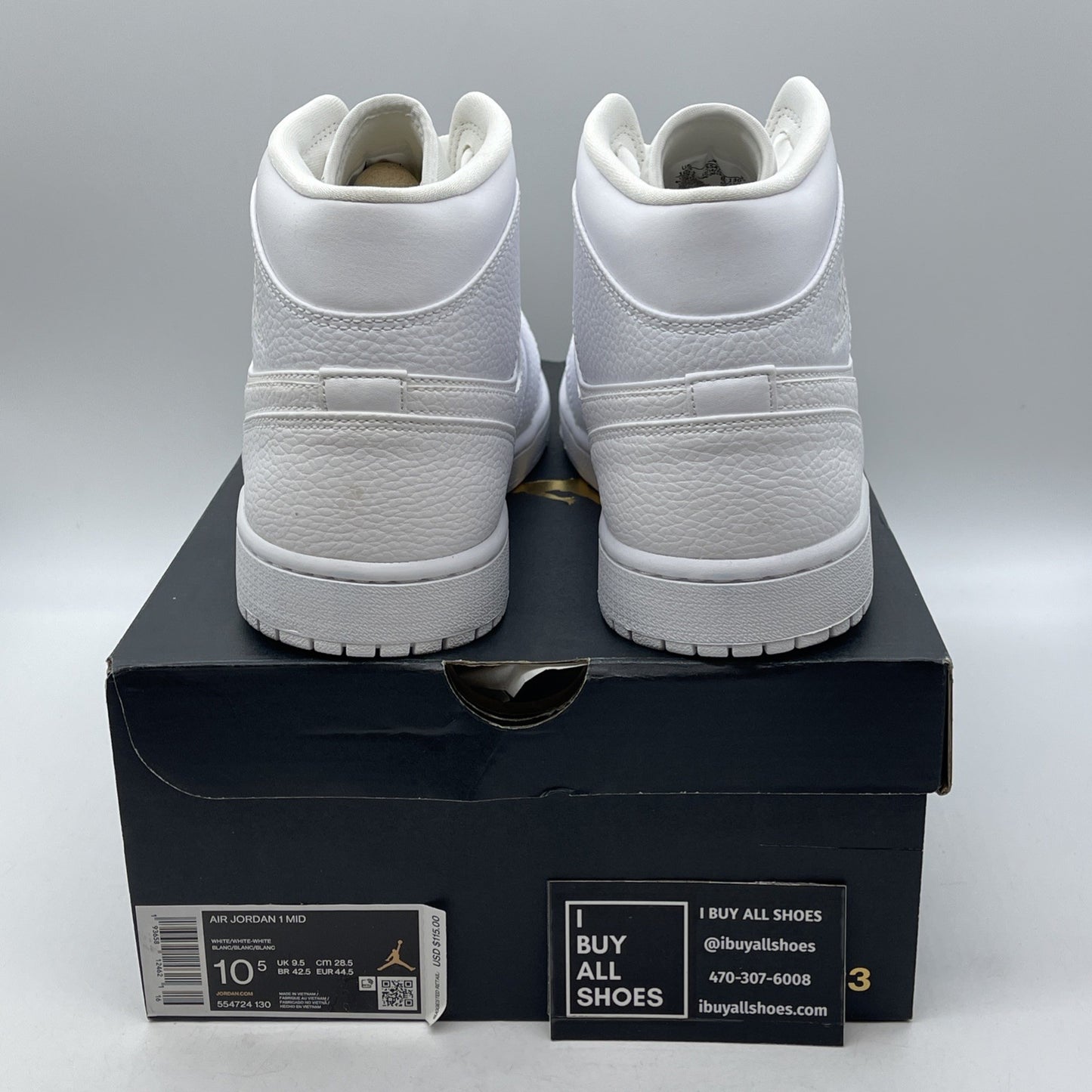 Size 10.5 - Air Jordan 1 Mid Triple White Leather (554724-130)
