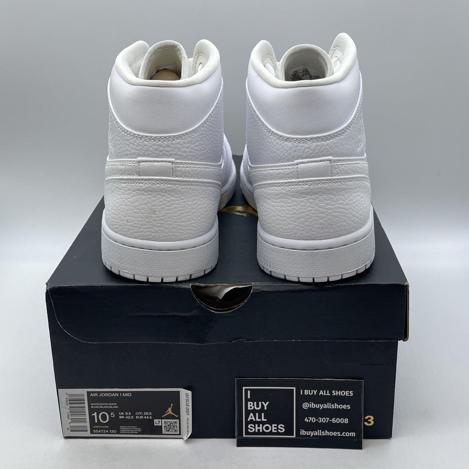 Size 10.5 - Air Jordan 1 Mid Triple White Leather (554724-130)