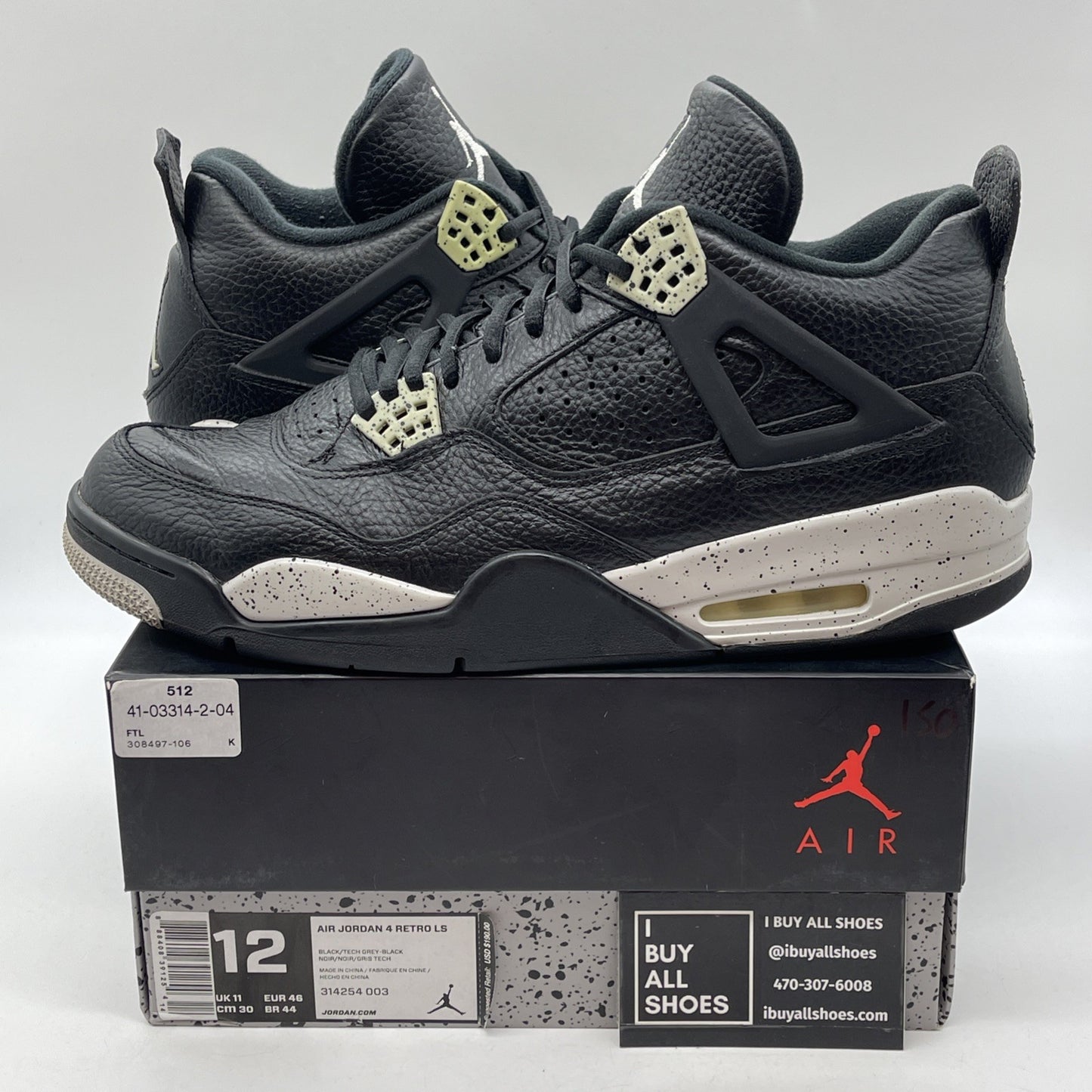 Size 12 - Jordan 4 Retro LS oreo 2015 Black Grey Leather (314254-003)