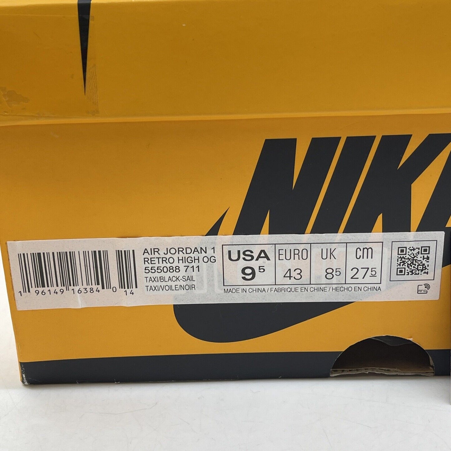 Size 9.5 - Jordan 1 Retro OG High Yellow Toe White Black Leather (555088-711)