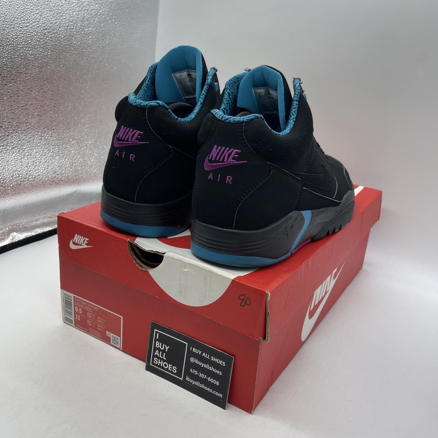 Size 9.5 - Nike Air Flight Lite Mid Black Cyber Teal (DQ7687-002)
