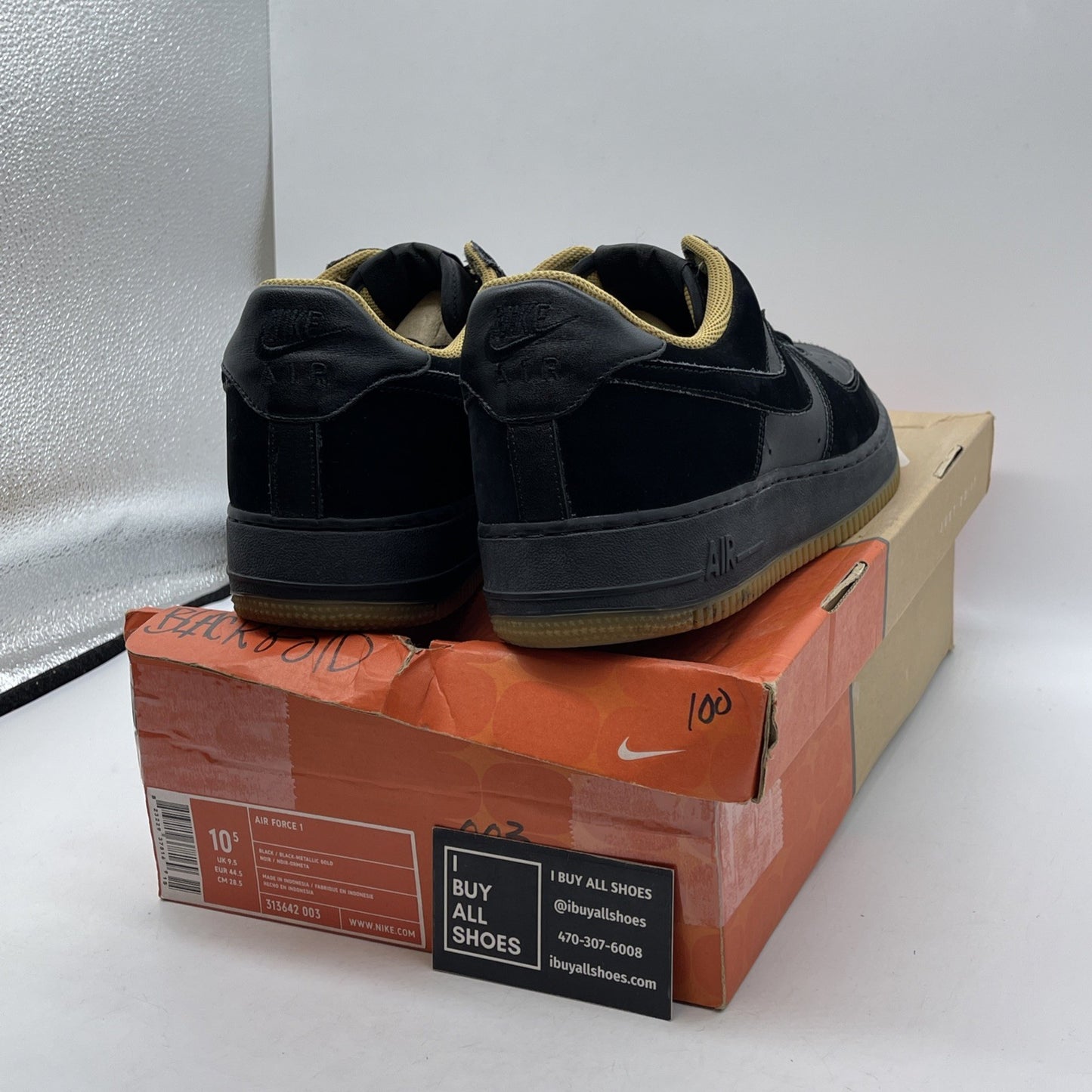 Size 10.5 - Nike Air Force 1 Black Gold Suede Leather (313642-003)