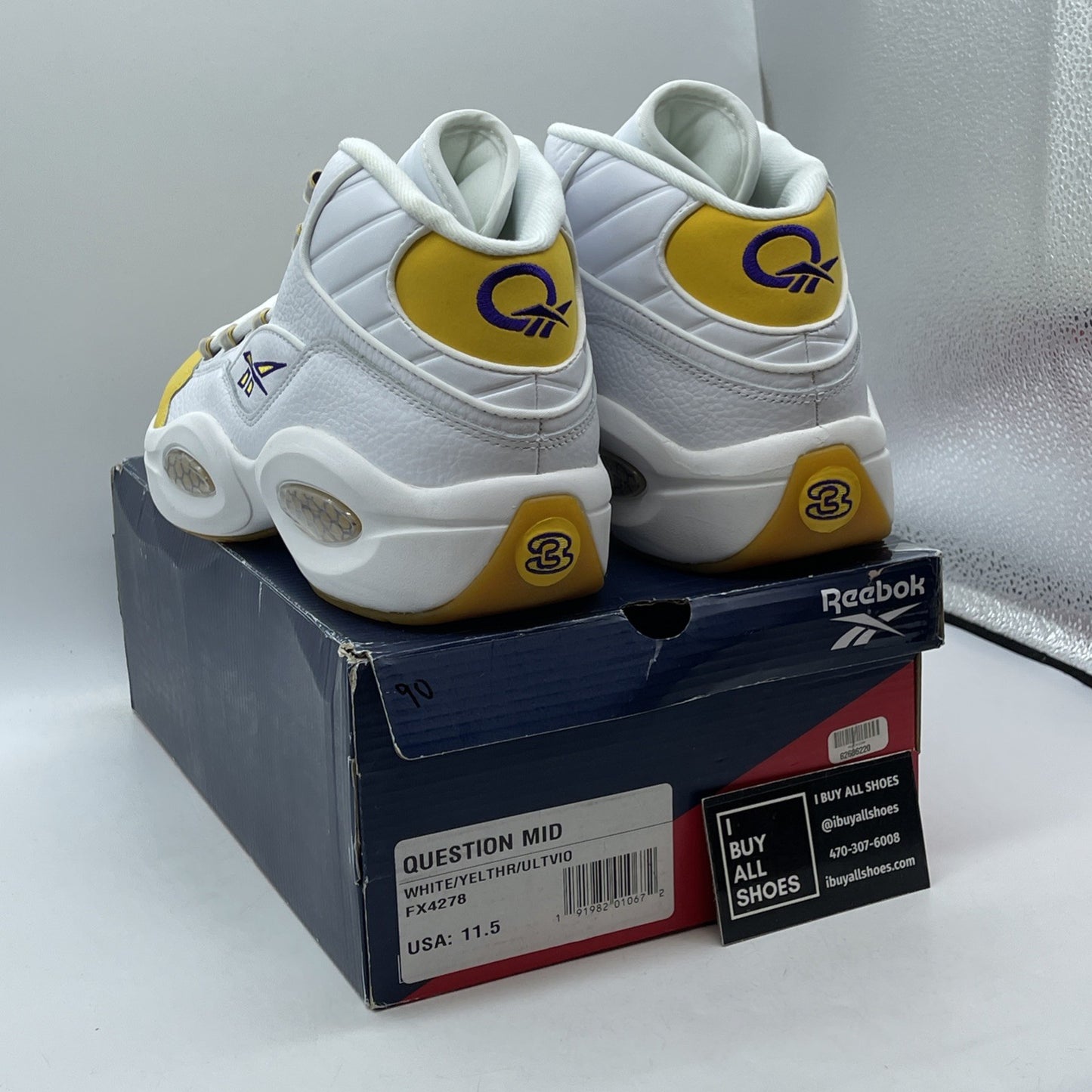 Size 11.5 - Reebok Question Mid Allen Iverson White Yellow Toe Lakers Kobe