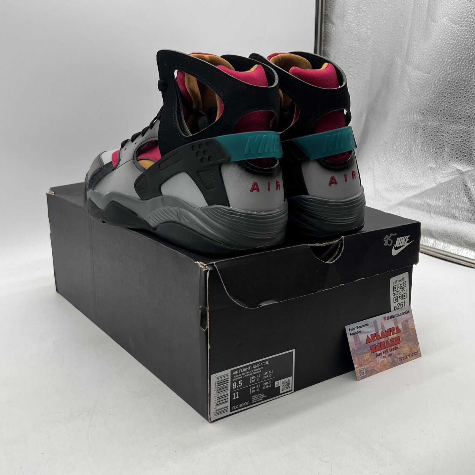 Size 9.5 - Nike Air Flight Huarache Airbrush - Bordeaux Grey Black (FD0189-001)