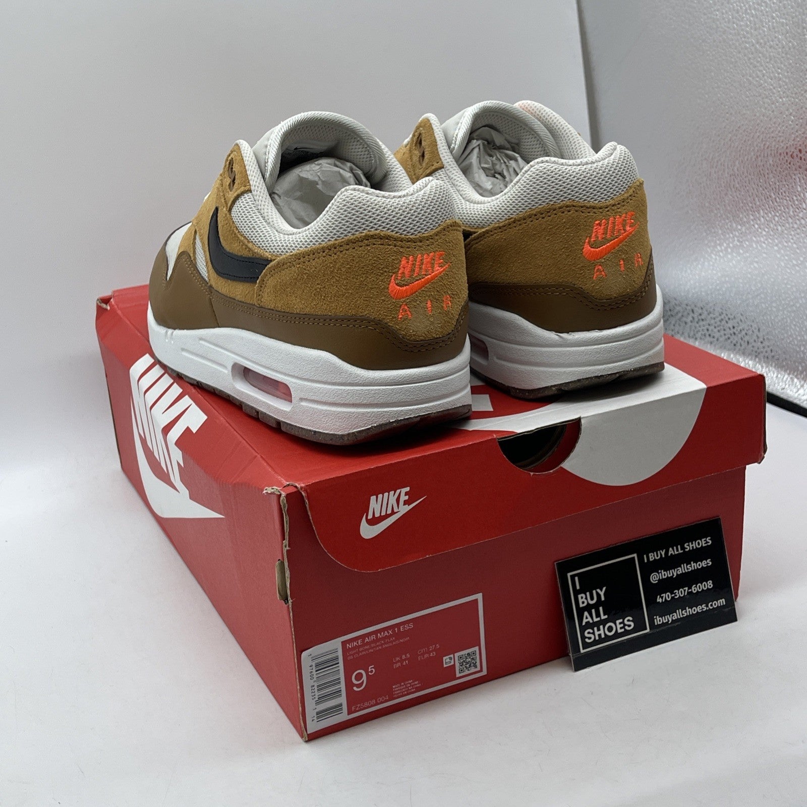 Size 9.5 - Nike Air Max 1 Essential Flax British Tan Suede Leather (FZ5808-004)