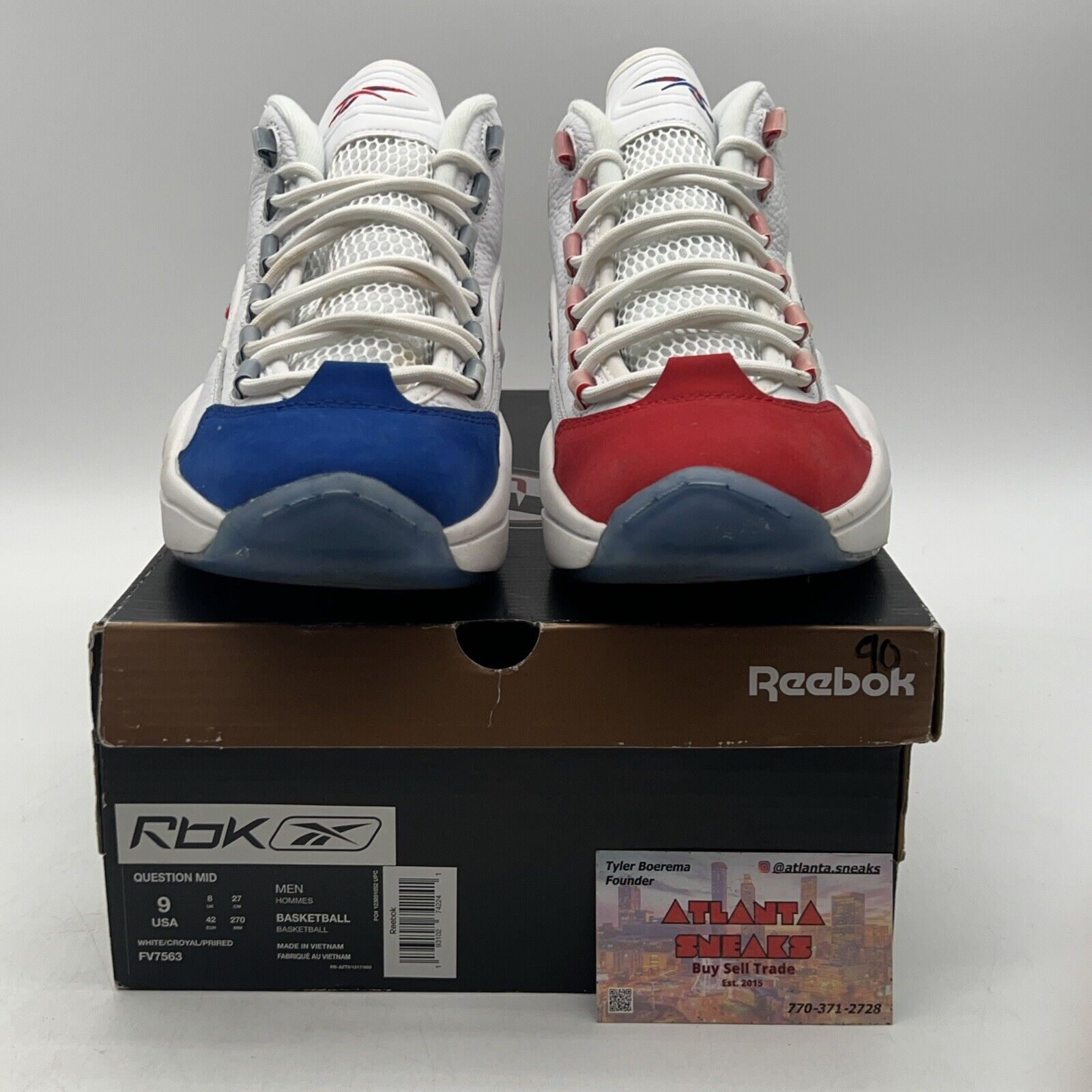 Size 9 - Reebok Question Mid Double Cross White Red Blue Leather (FV7563)