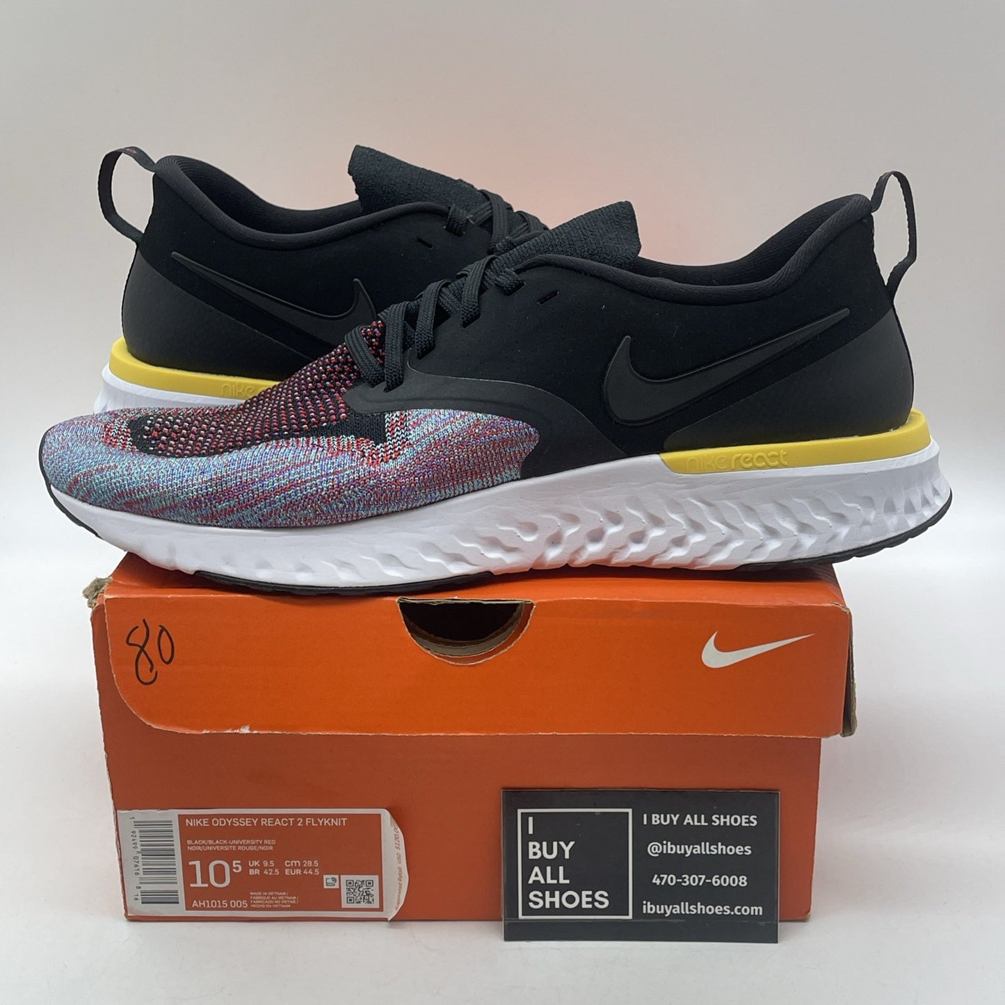 Size 10.5 - Nike Odyssey React Flyknit 2 Black Multi Blue Suede (AH1015-005)