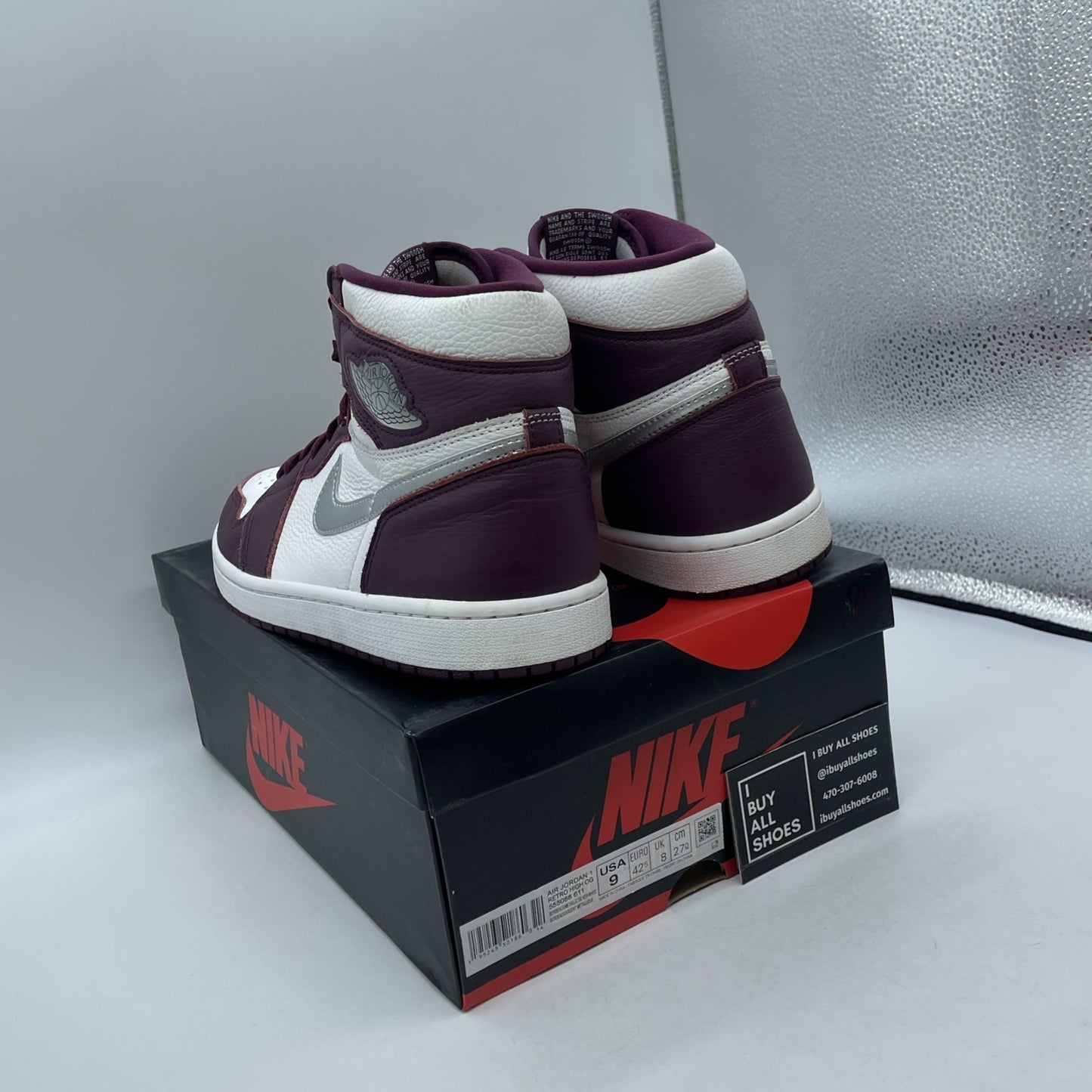 Size 9 - Jordan 1 Retro High OG Bordeaux Silver White Leather (555088-611)