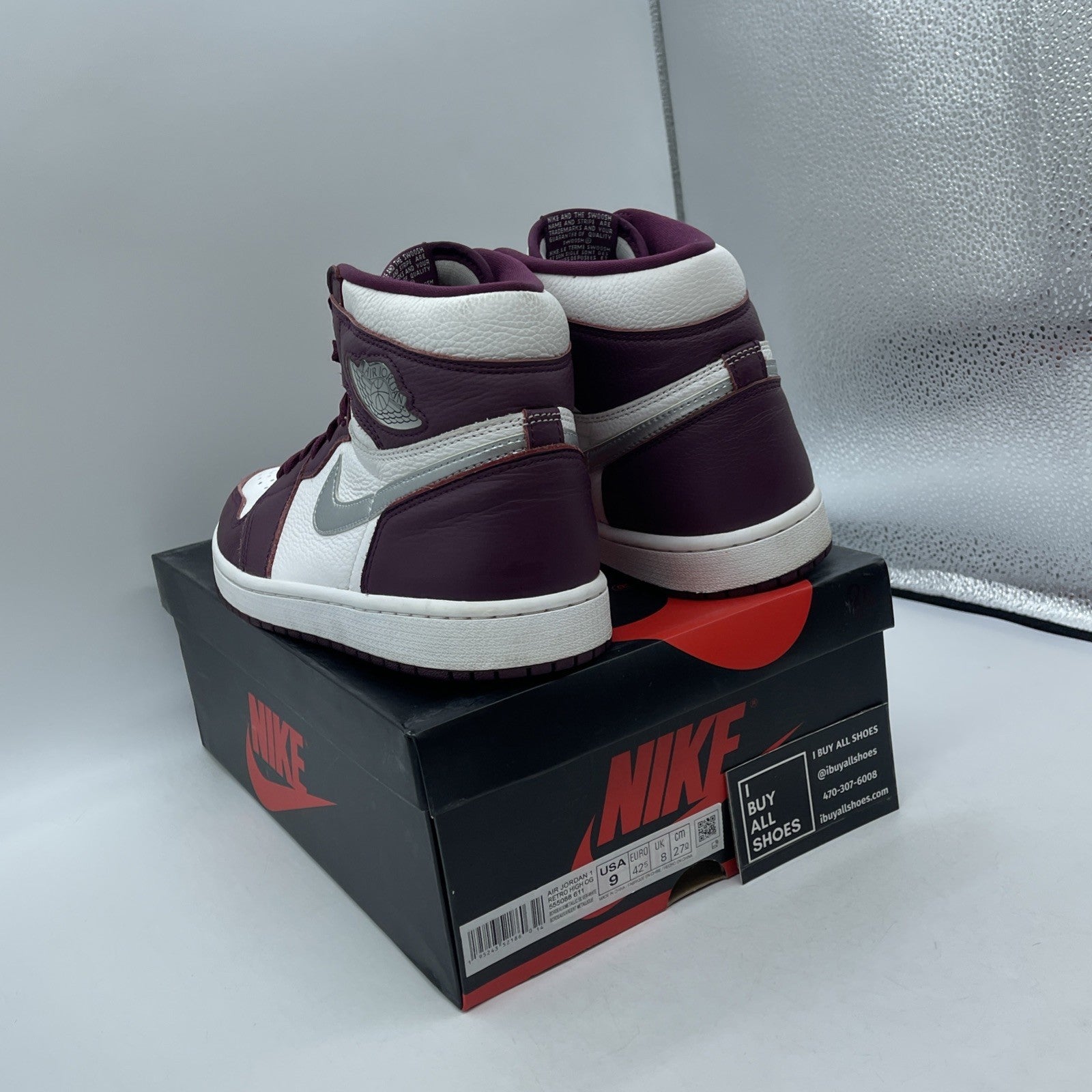 Size 9 - Jordan 1 Retro High OG Bordeaux Silver White Leather (555088-611)