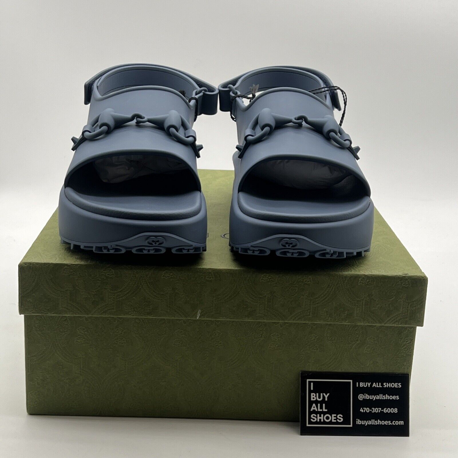 Size 11.5 - New Gucci Horsebit Platform Slide Sandals Blue Rubber