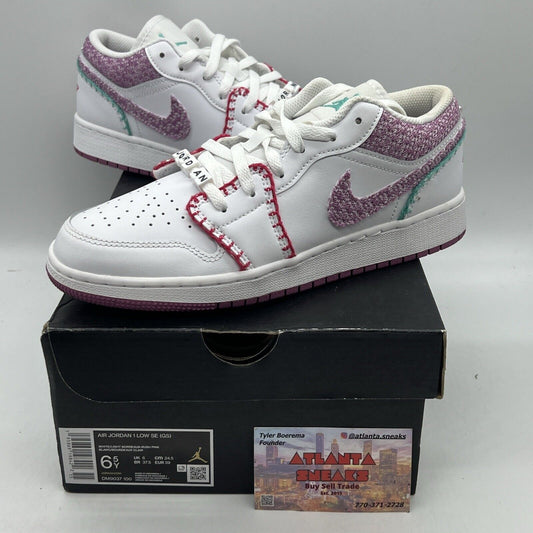 NEW AIR JORDAN 1 LOW SE (GS) WHITE LIGHT BORDEUX-RUSHPINK DM9037 100