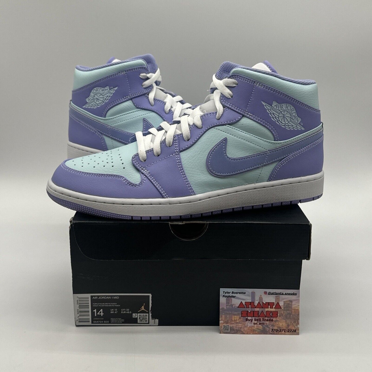 Size 14 - Jordan 1 Mid Purple Aqua Blue Unc White Midsole Nice Leather New OG Al