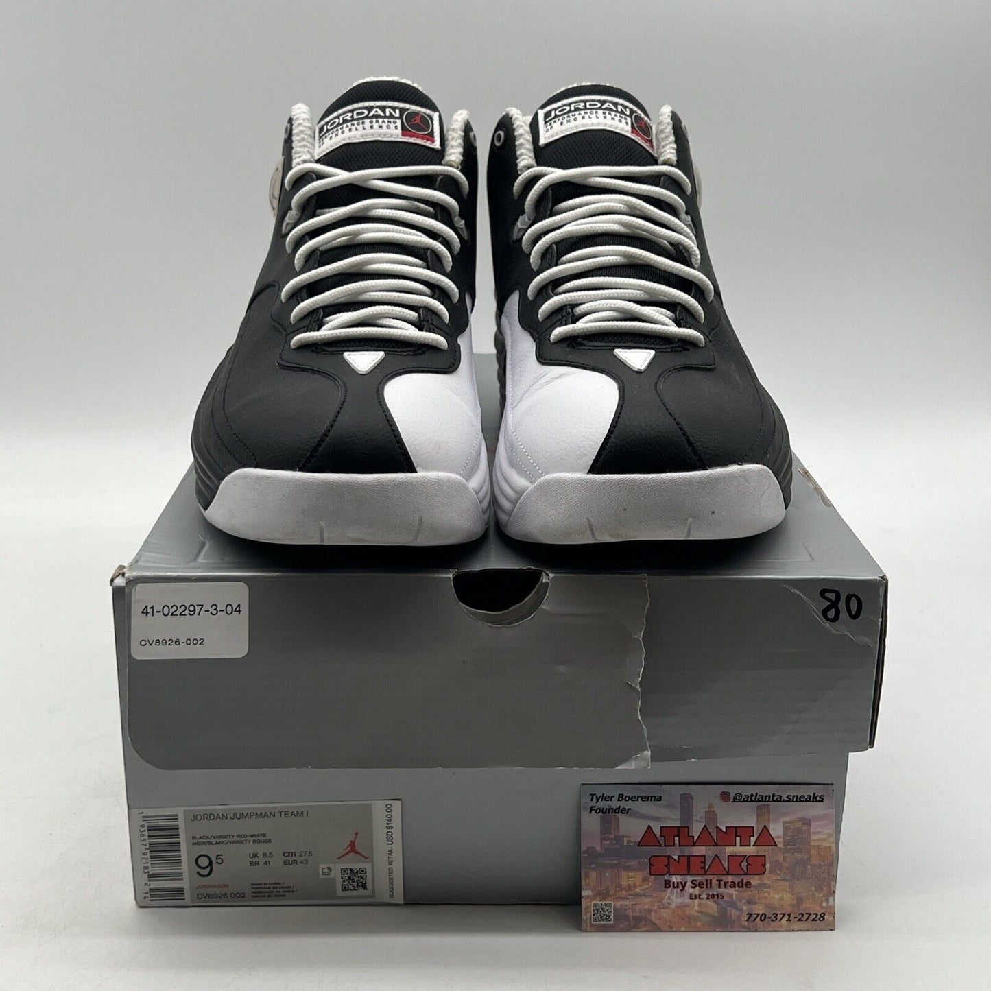 Size 9.5 - Jordan Jumpman Team 1 2020 Black White Leather Red (CV8926-002)