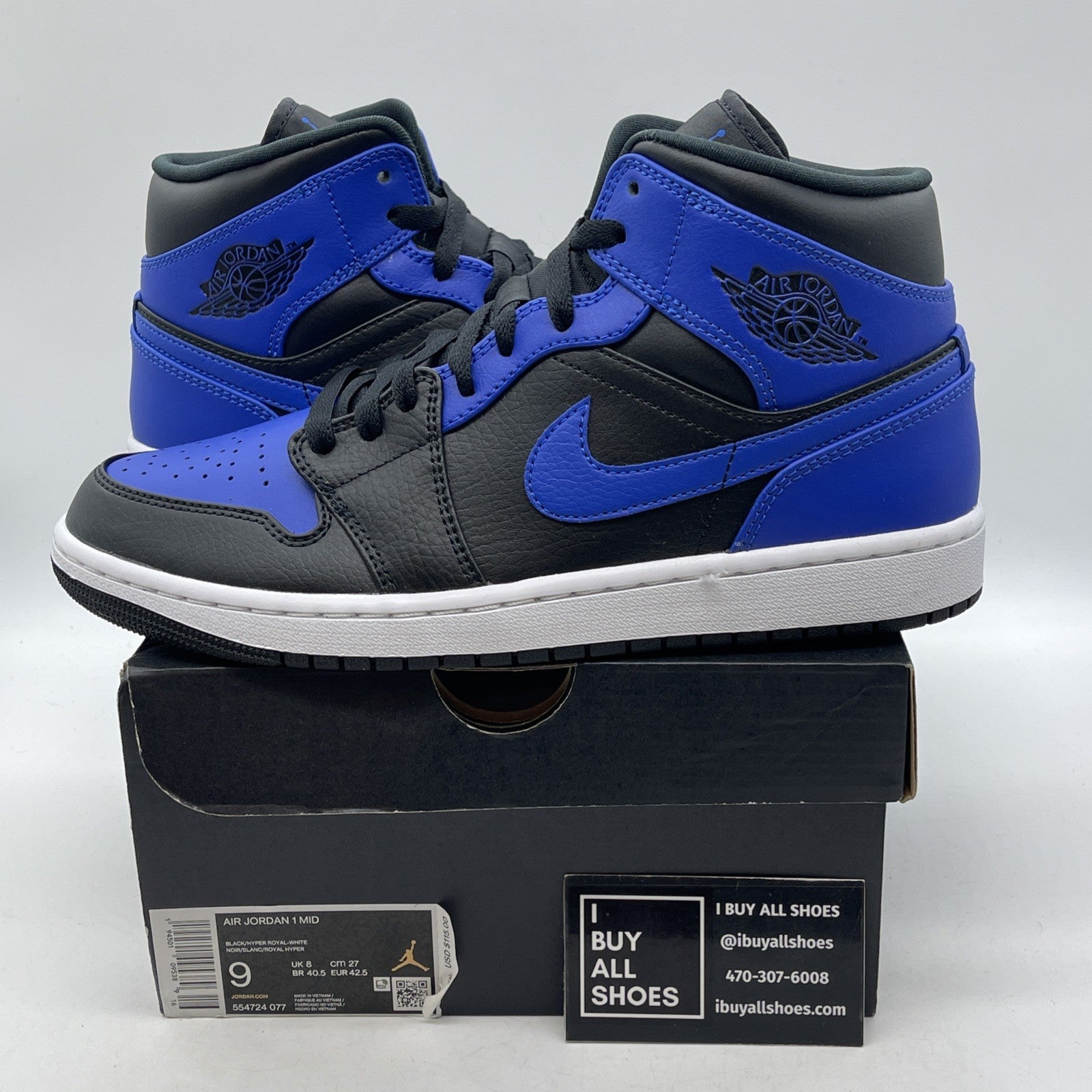 Size 9 - Jordan 1 Mid Hyper Royal Black Blue Leather (554724-077)