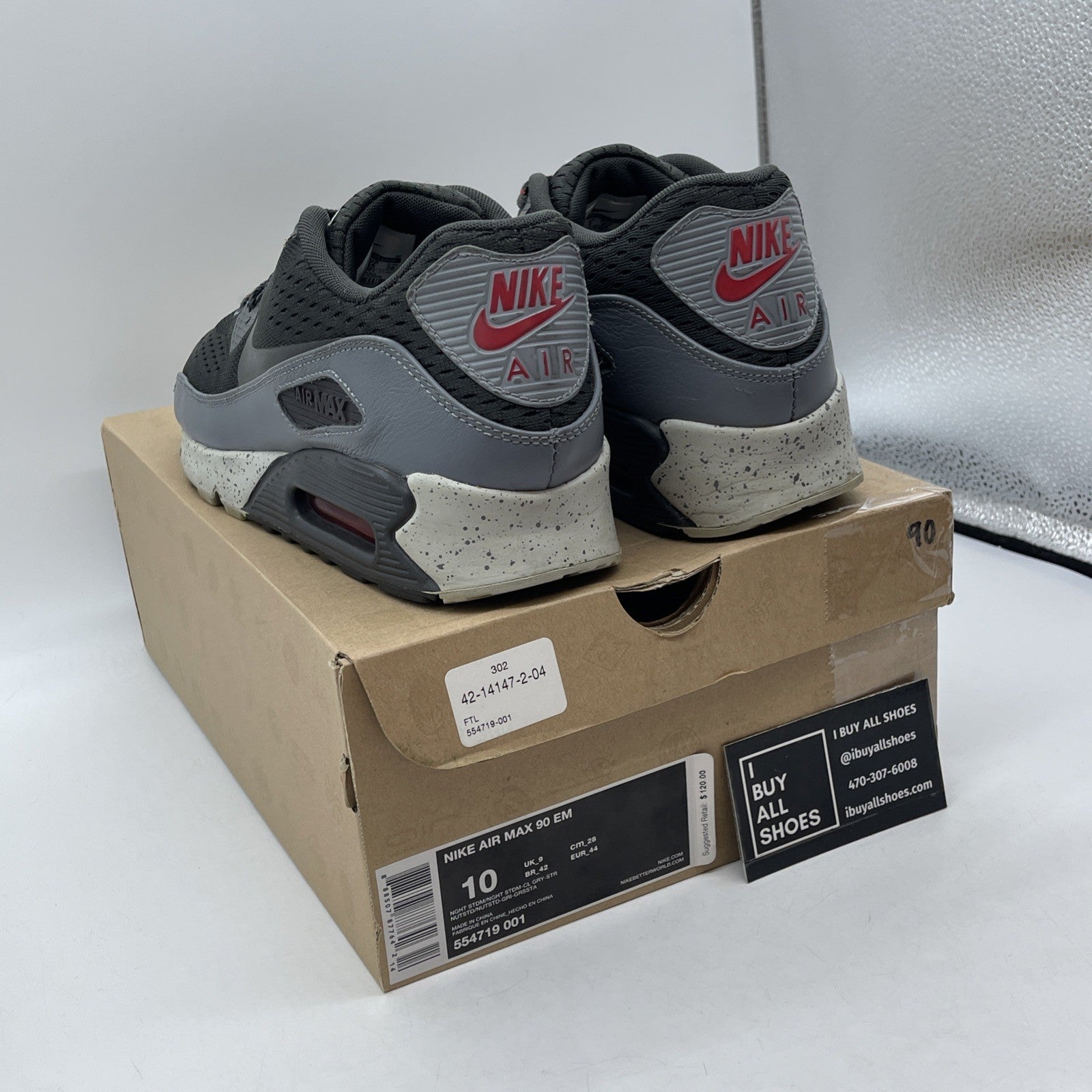 Size 10 - Nike Air Max 90 EM Black Grey Red Suede Leather (554719-001)