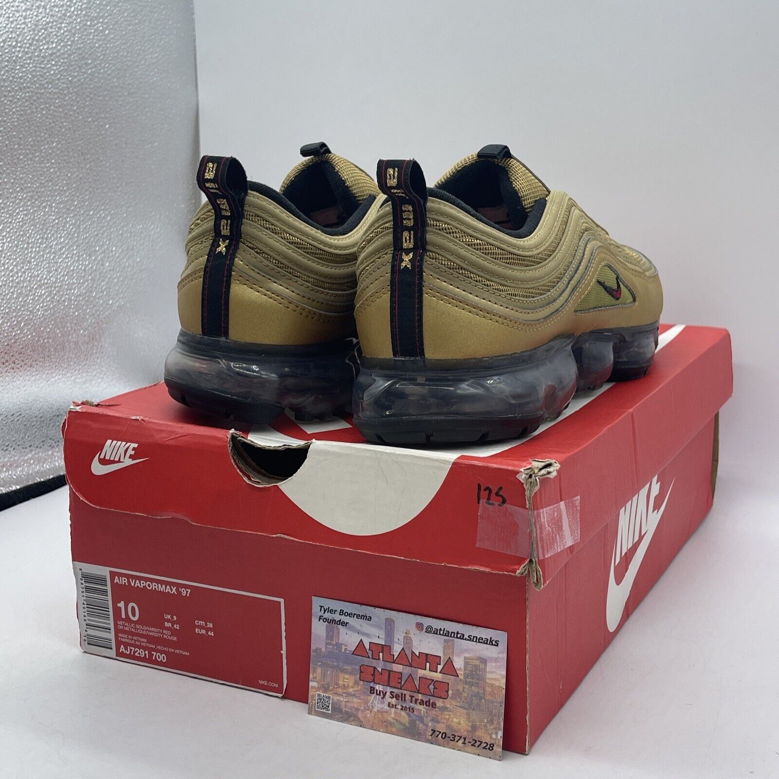 Size 10 - Nike Air Vapormax 97 Metallic Gold Suede Red Black (AJ7291-700)