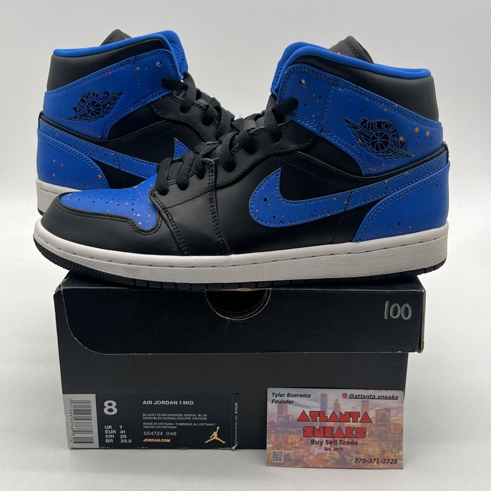 Size 8 - Air Jordan 1 Mid Royal Splatter Black Blue Leather White (554724-048)