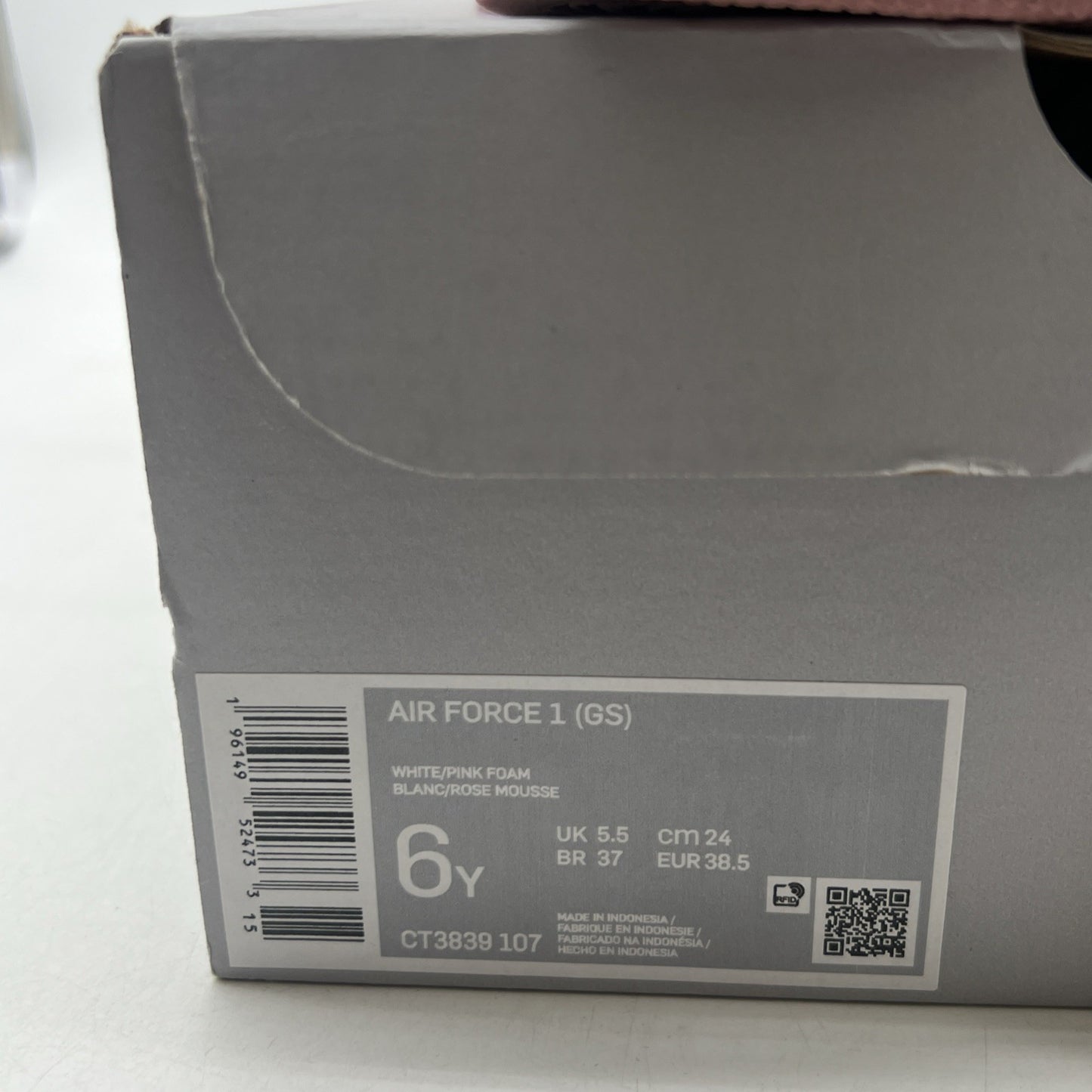 Size 6Y - Nike Air Force 1 (GS) White/Pink Girl's Sneakers (CT3839-107)