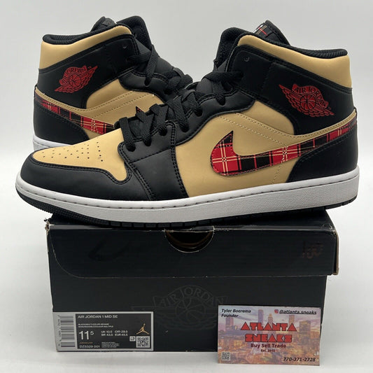 Size 11.5 - Jordan 1 Mid SE Tartan Swoosh Red Tan Leather Black (DZ5329-001)