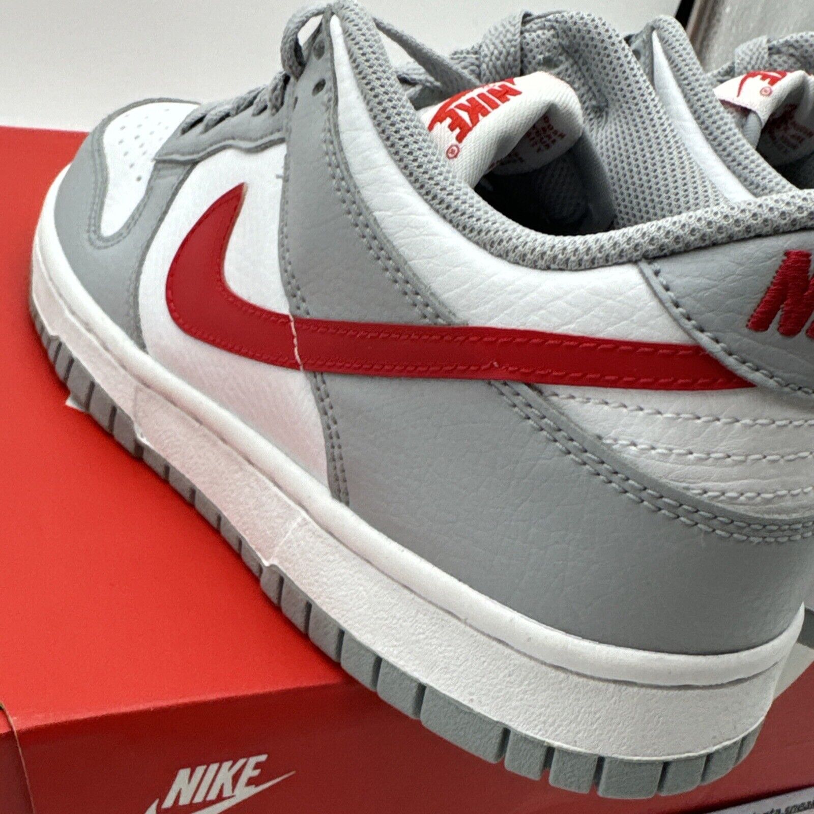 Nike Dunk Low GS Boys Shoes Size 5.5, Color: Wolf Grey/University Red/White